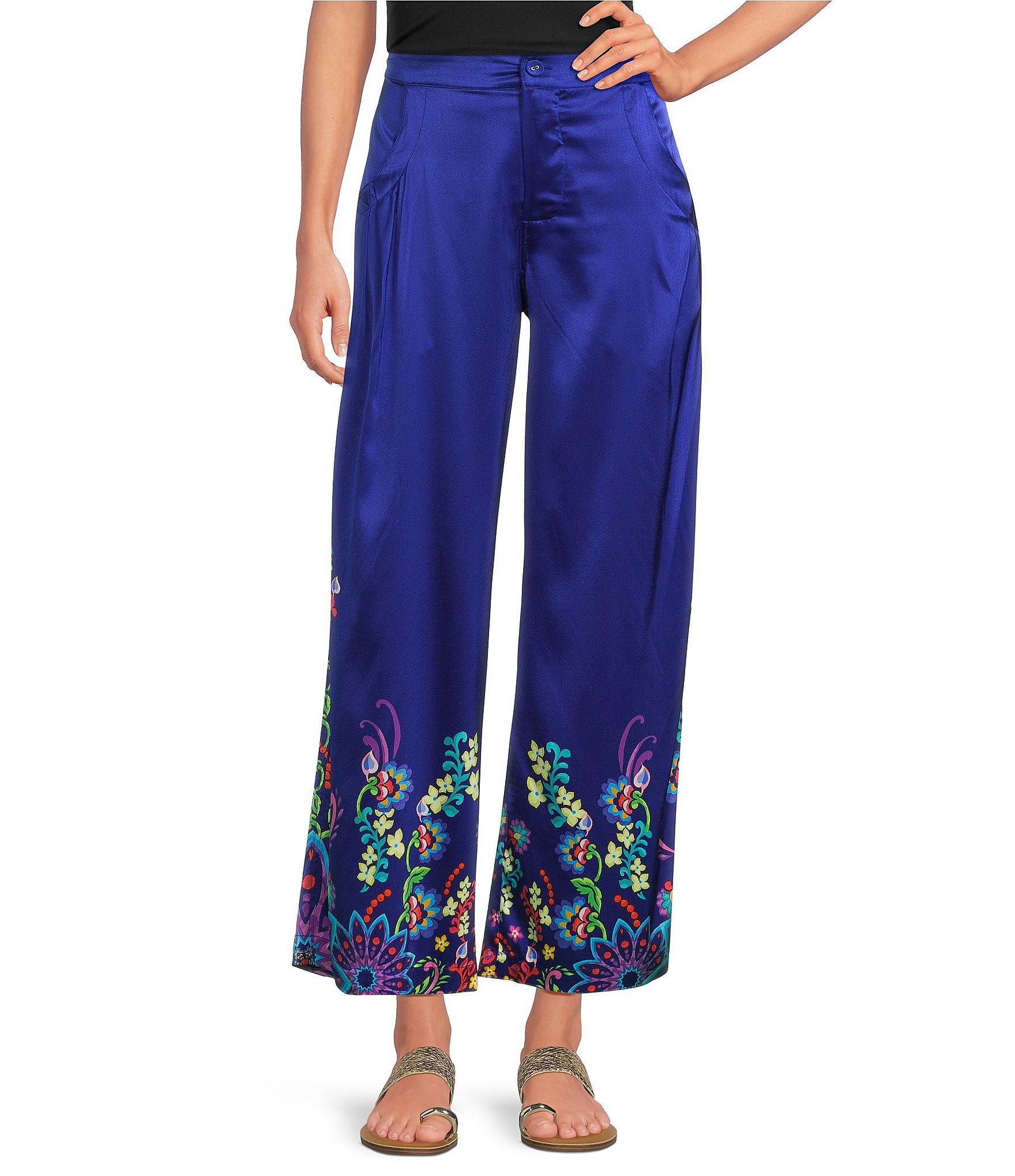 JOHNNY WAS Lauchlen Placement Floral Print Stretch Silk Flat Front Wide Leg Pants