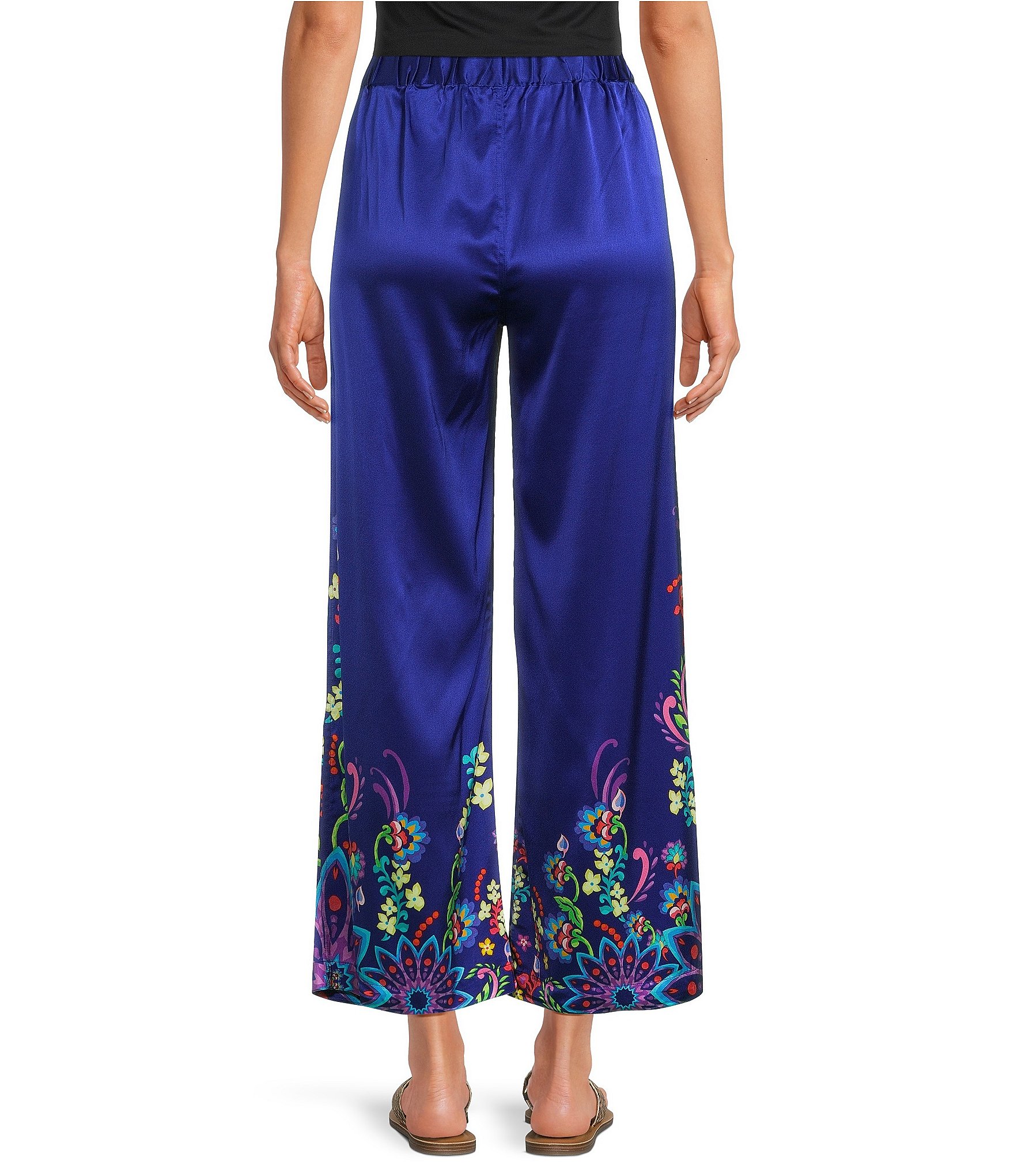 JOHNNY WAS Lauchlen Placement Floral Print Stretch Silk Flat Front Wide Leg Pants