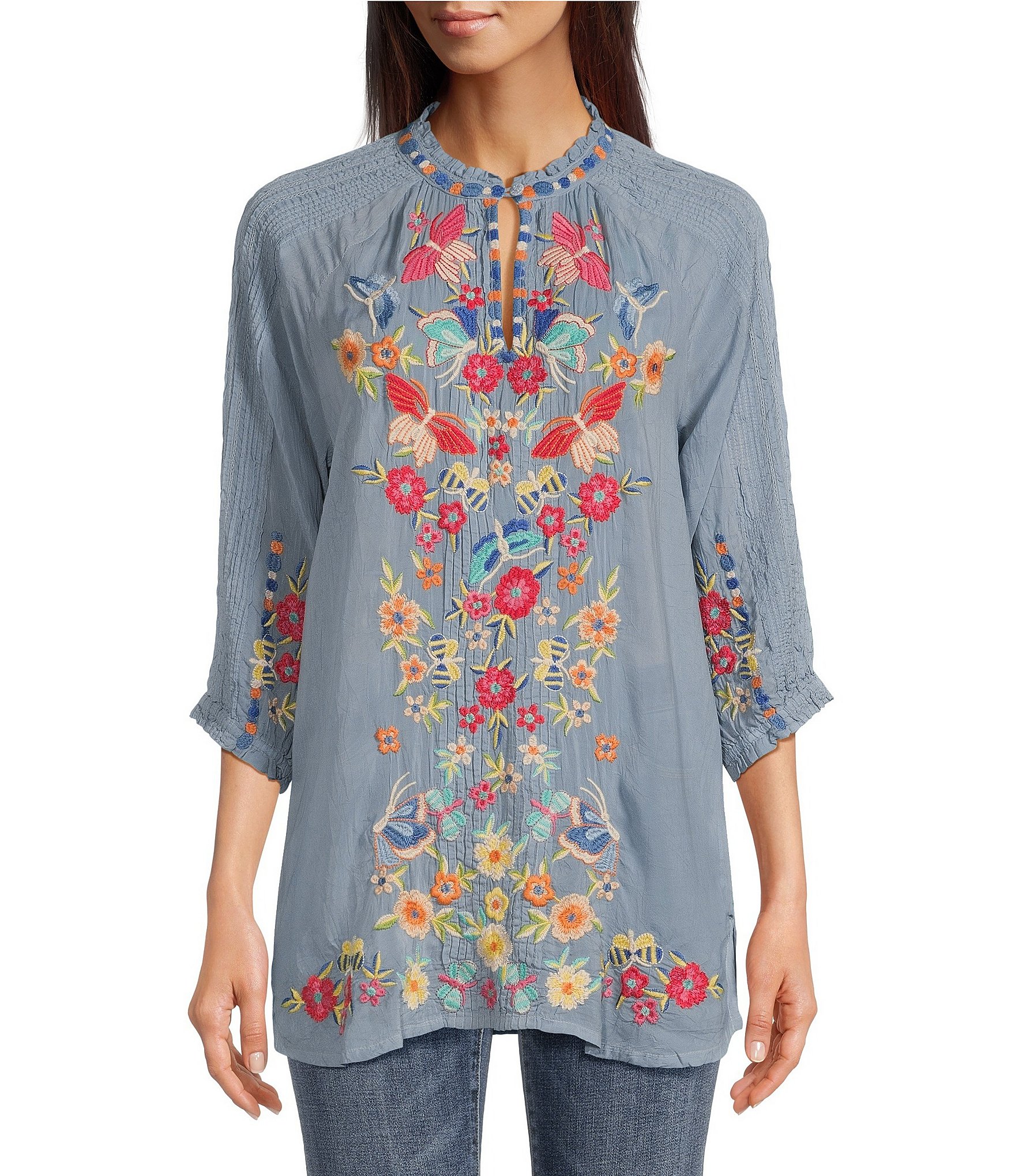 JOHNNY WAS Leona Embroidered Woven Split V-Neck 3/4 Sleeve Tunic ...
