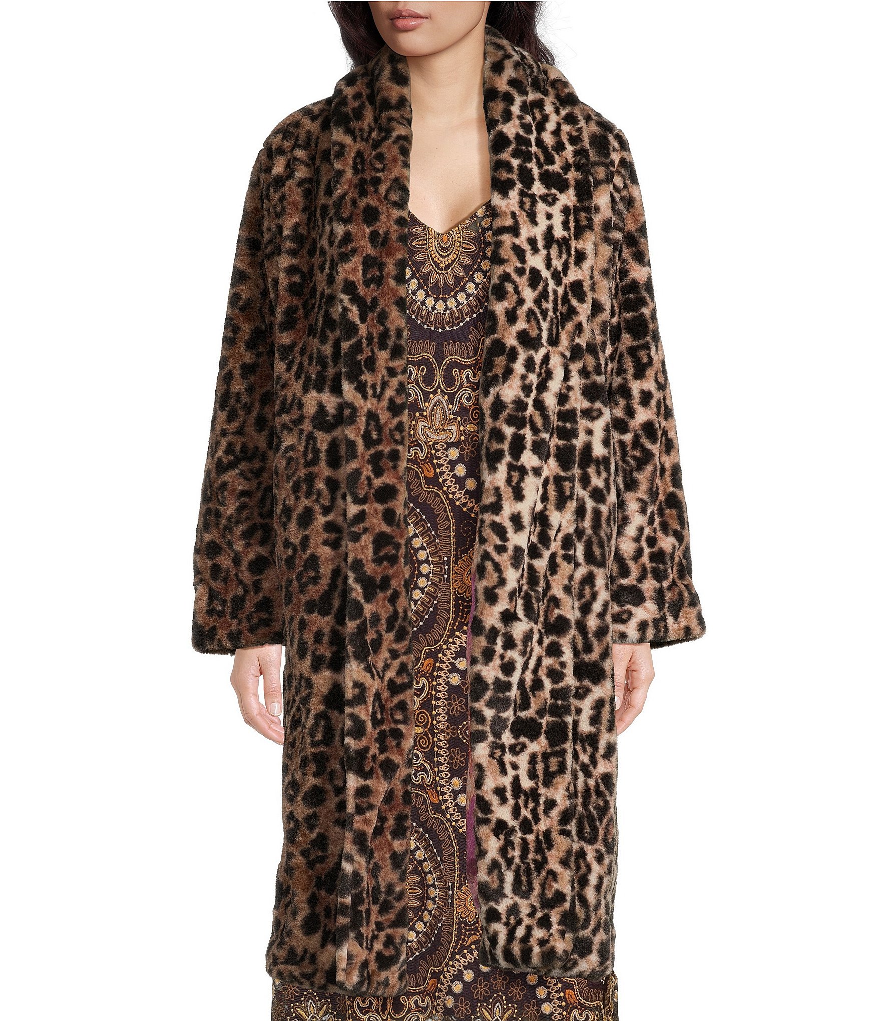 JOHNNY WAS Leopard Print Faux Fur Long Sleeve Open-Front Long Jacket ...