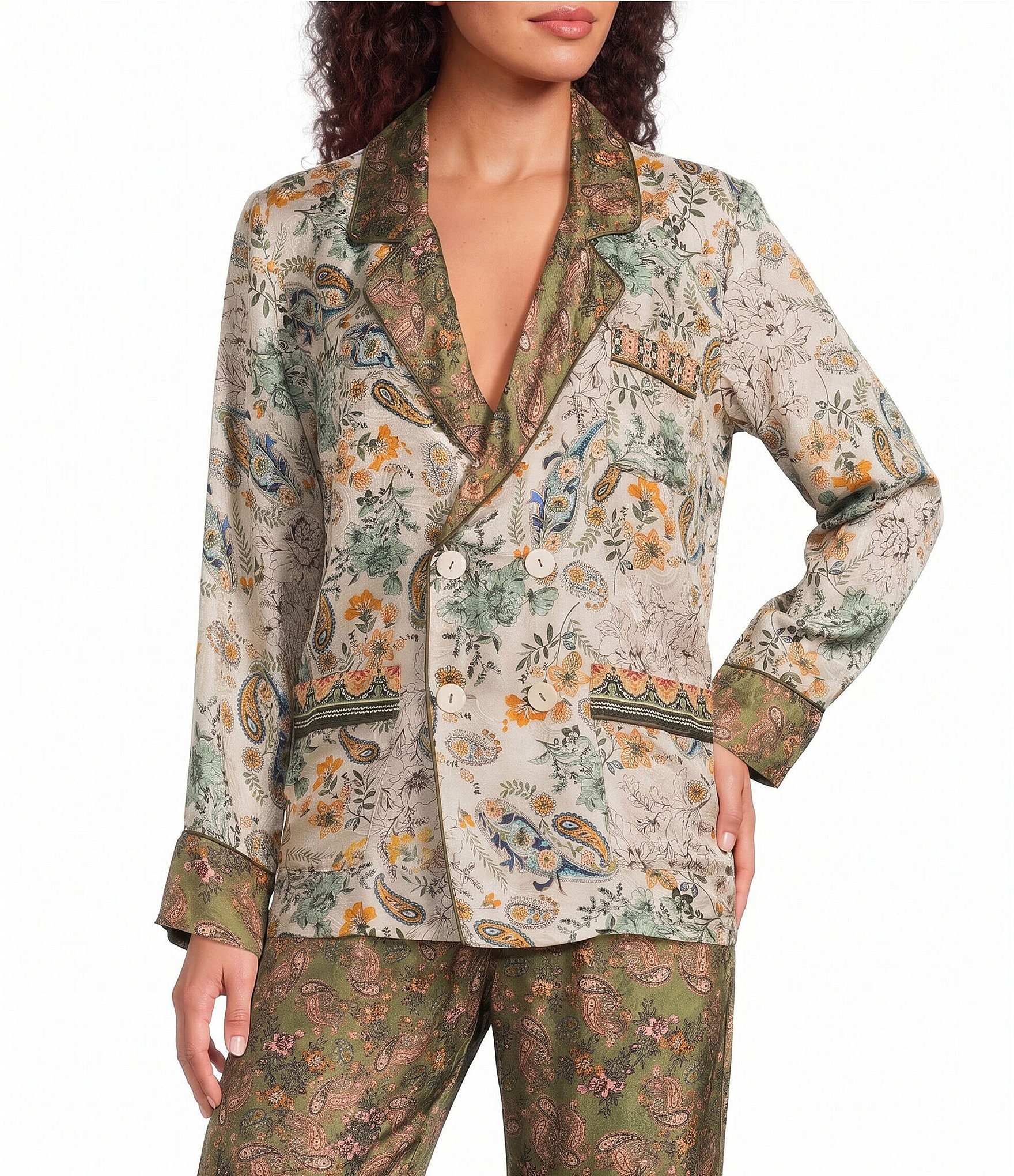 JOHNNY WAS Levi Silk Woven Floral Notch Collar Long Sleeve Double Breasted Blazer