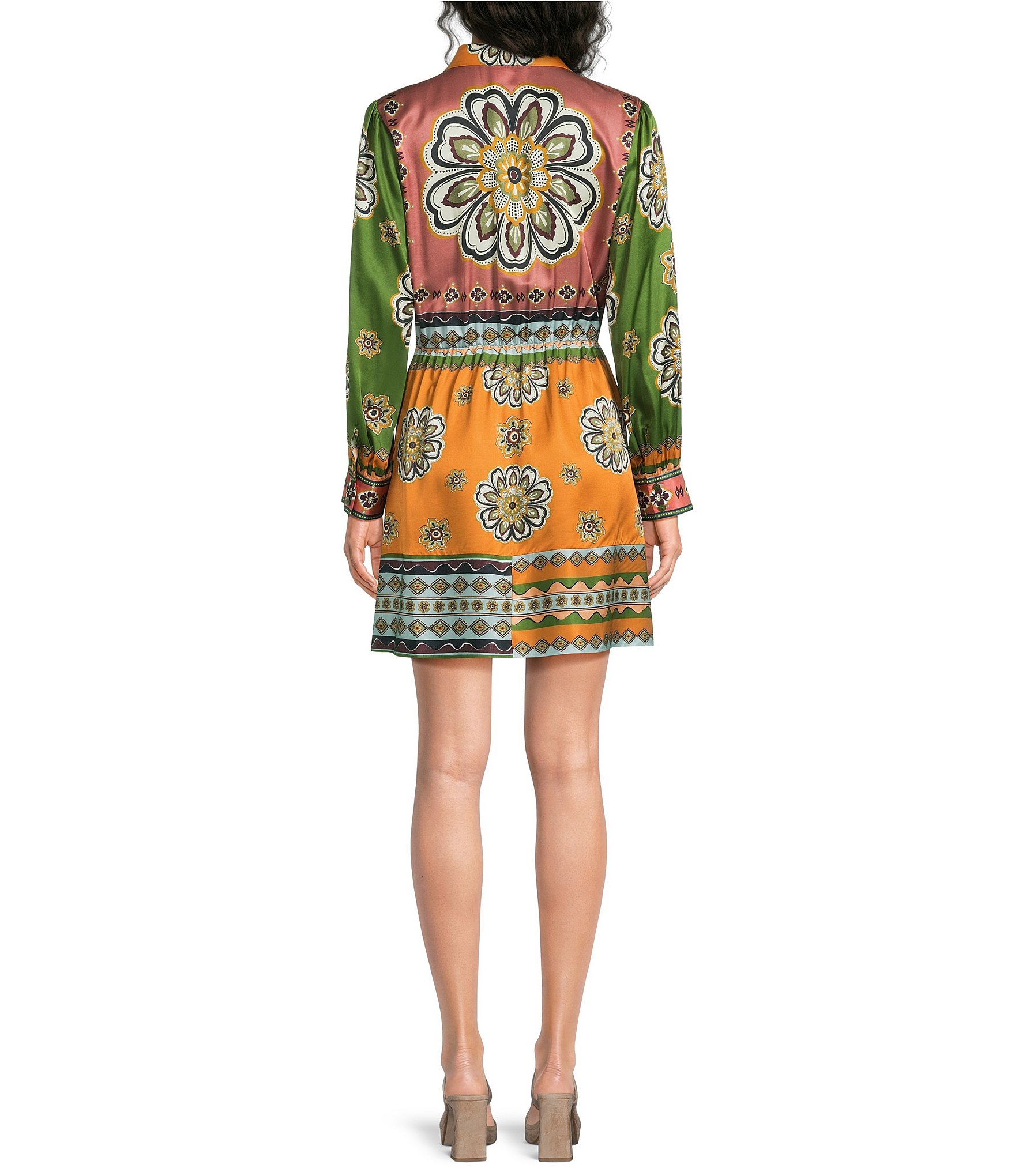 JOHNNY WAS Maxima Placement Patchwork Print Long Sleeve Tie-Waist Mini Shirt Dress