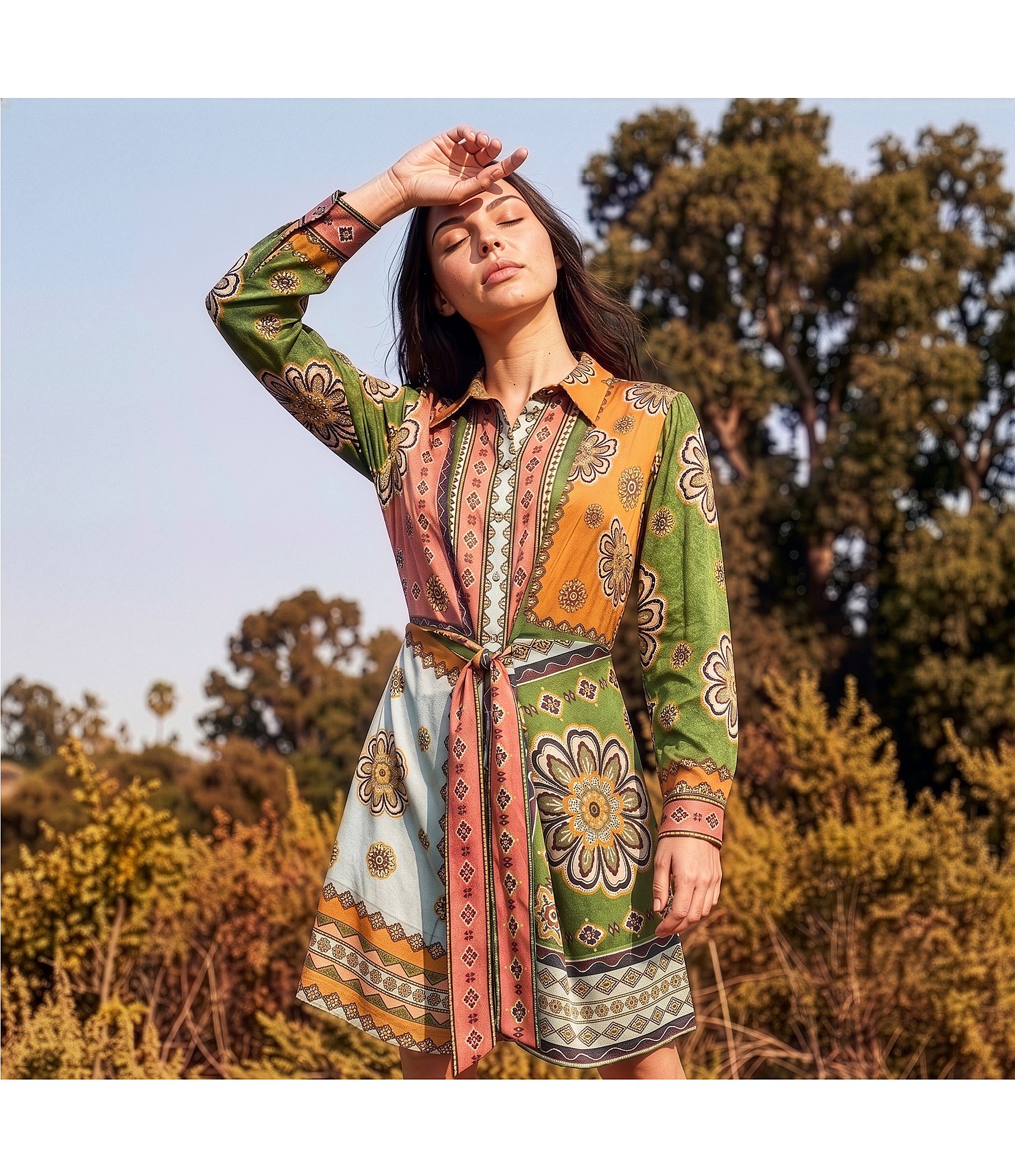 JOHNNY WAS Maxima Placement Patchwork Print Long Sleeve Tie-Waist Mini Shirt Dress