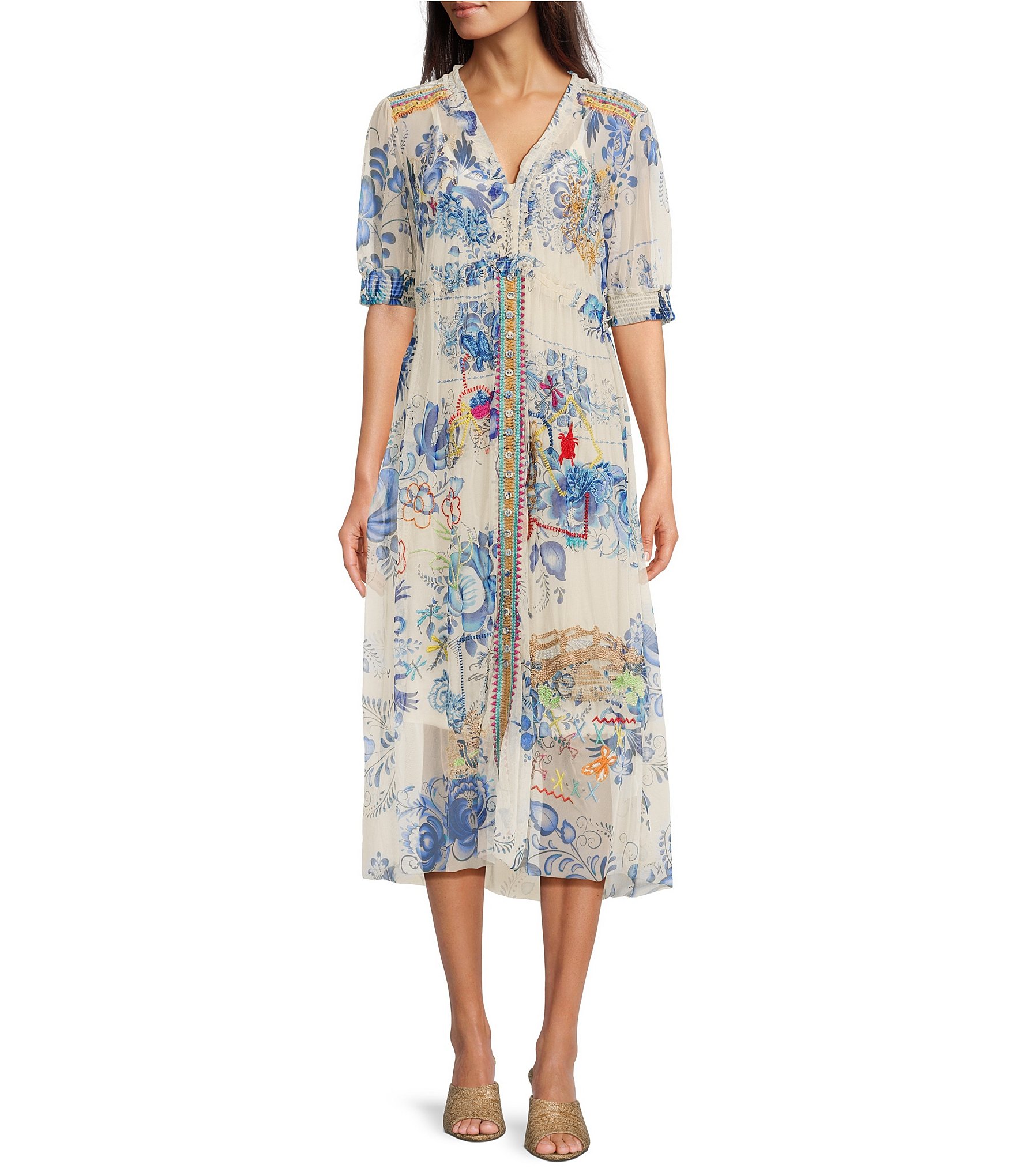 Johnny was tie dye puff sleeve embroidered deals midi dress m