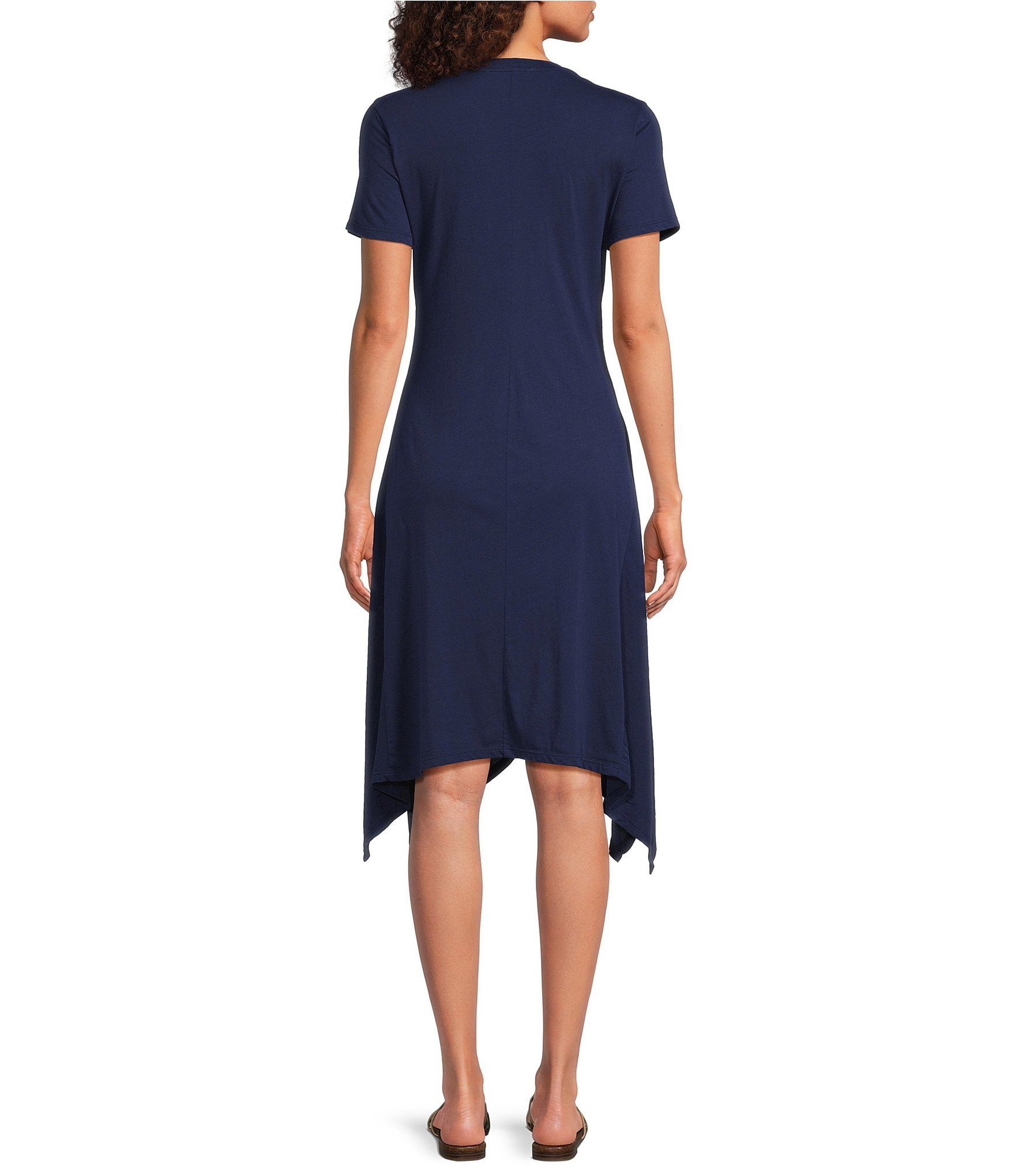 JOHNNY WAS Nicolette Embroidered Placement Floral Cotton Knit Crew Neck Short Sleeve Handkerchief Hem Dress