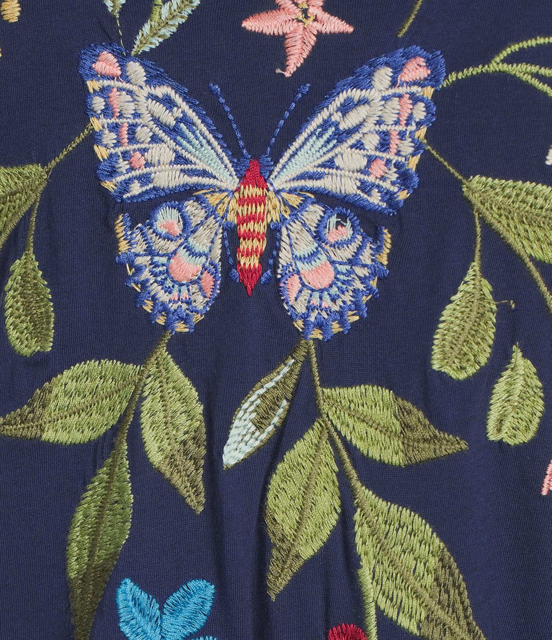 JOHNNY WAS Nicolette Embroidered Placement Floral Cotton Knit Crew Neck Short Sleeve Handkerchief Hem Dress