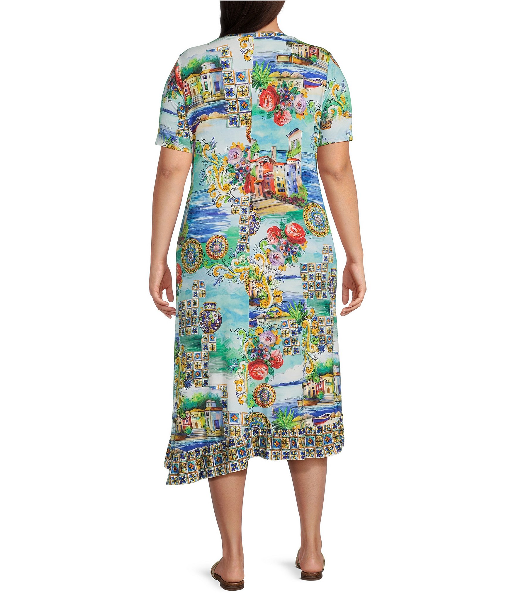 JOHNNY WAS Plus Janie Favorite Scenic Print Knit Crew Neck Short Sleeve Asymmetrical Hem Midi Dress