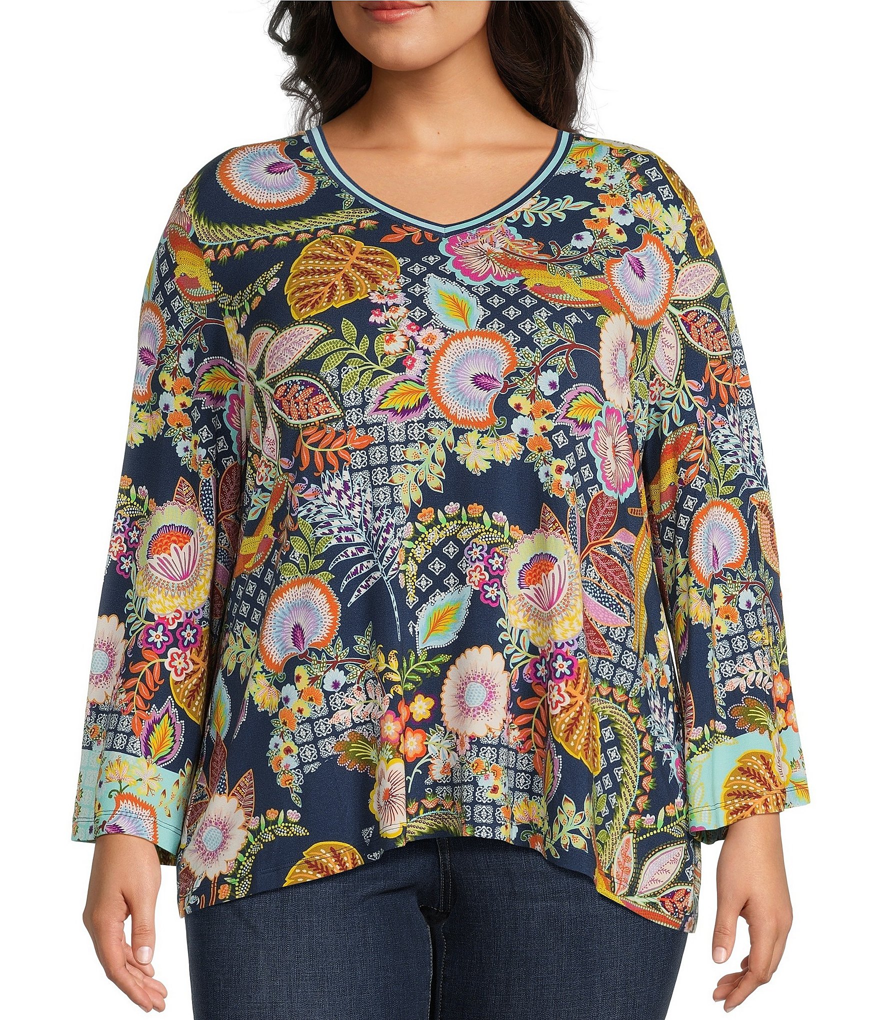 JOHNNY WAS Plus Size Bamboo Knit Janie Wildbird Print V-Neck Long Kimono  Sleeve Tee | Dillard's