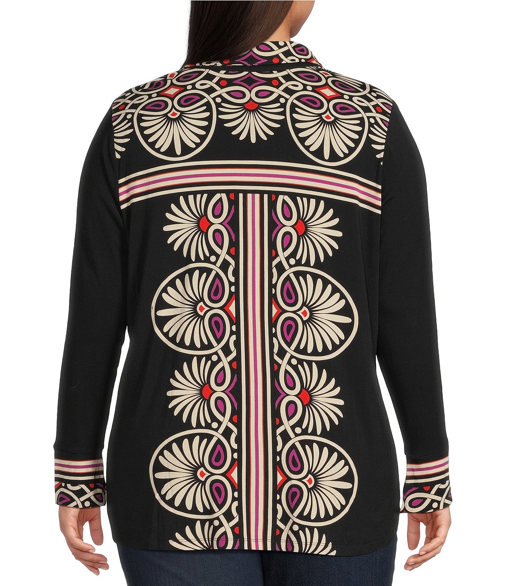 JOHNNY WAS Plus Size Bamboo Knit Placement Print Point Collar Long Sleeve Button Front Shirt
