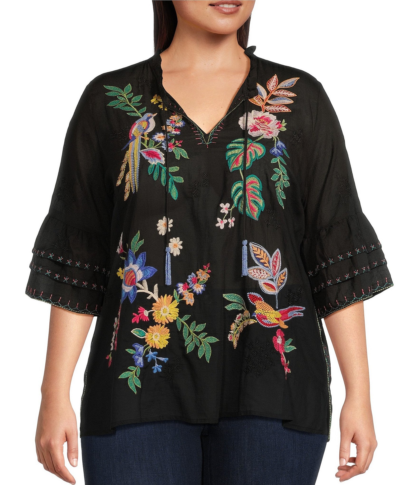 JOHNNY WAS Plus Size Jeanette Embroidered Floral Split V-Neck 3/4 ...