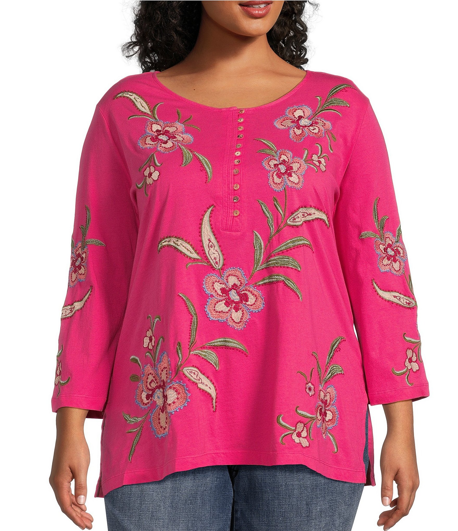 Ruby Rd. Plus Size Tile Print Knit Embroidered Notch Neck 3/4 Sleeve Top