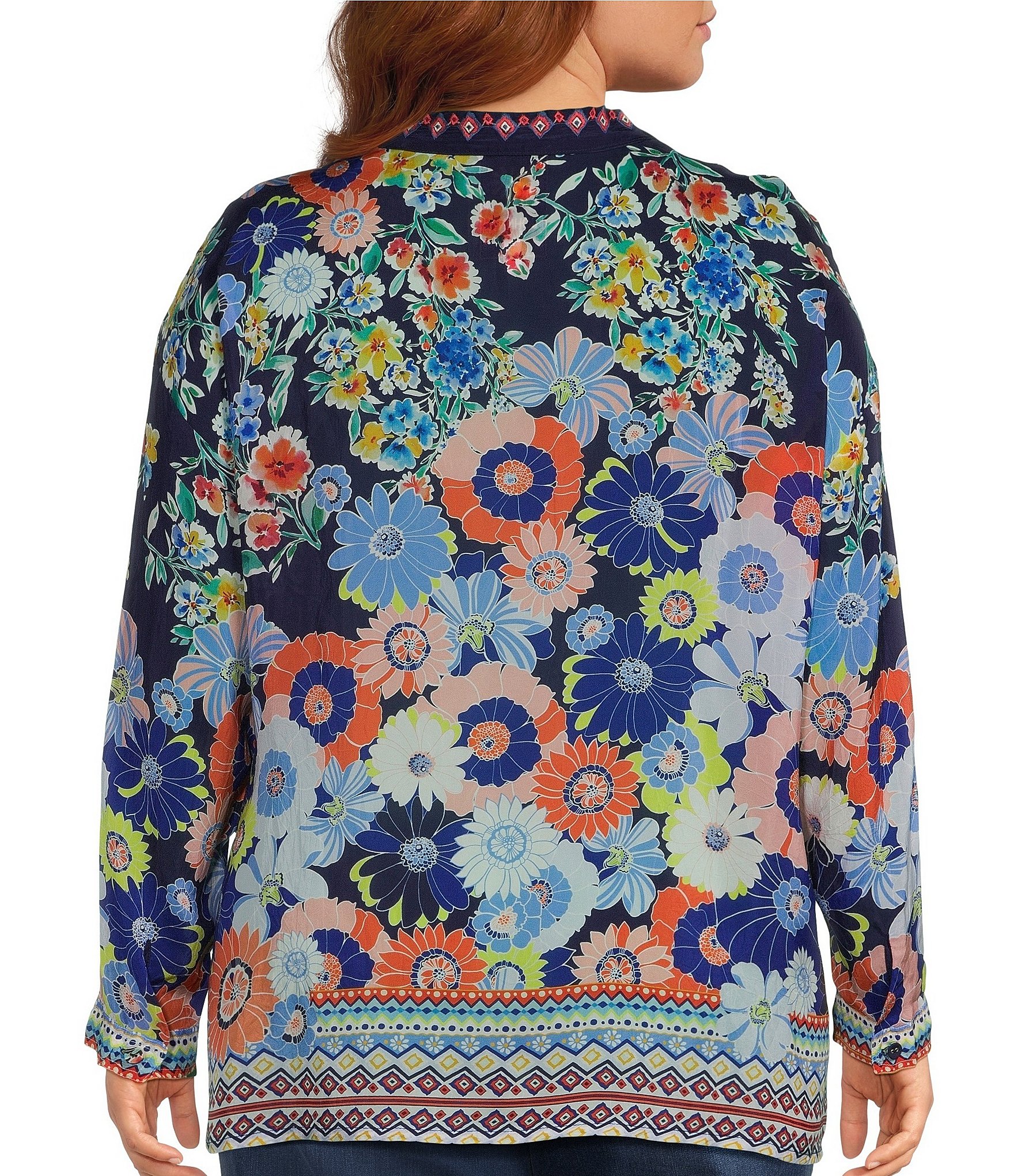 JOHNNY WAS Plus Size The Audrey Floral Scarf Print Silk Point Collar Long Sleeve Button-Front Shirt