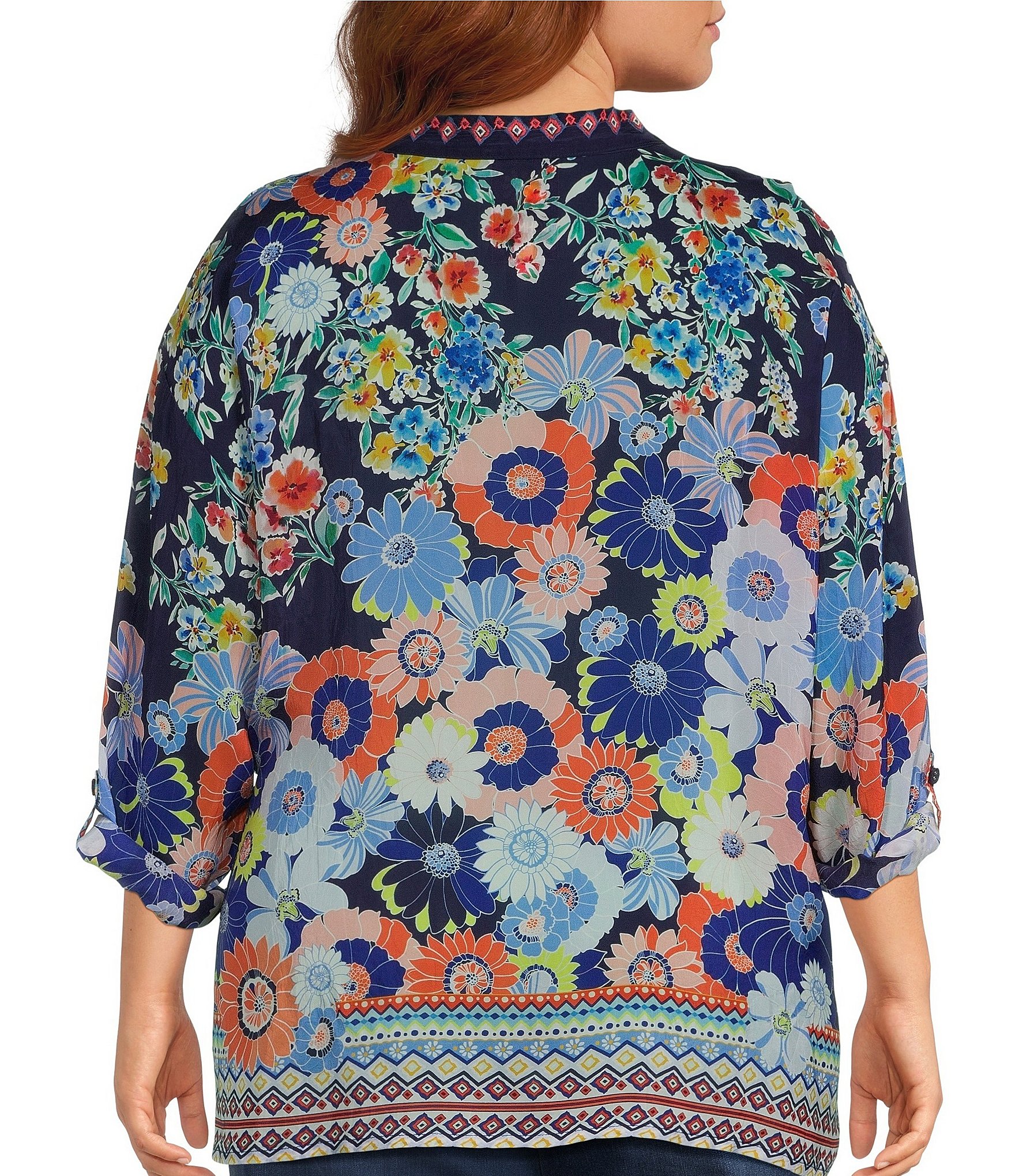 JOHNNY WAS Plus Size The Audrey Floral Scarf Print Silk Point Collar Long Sleeve Button-Front Shirt