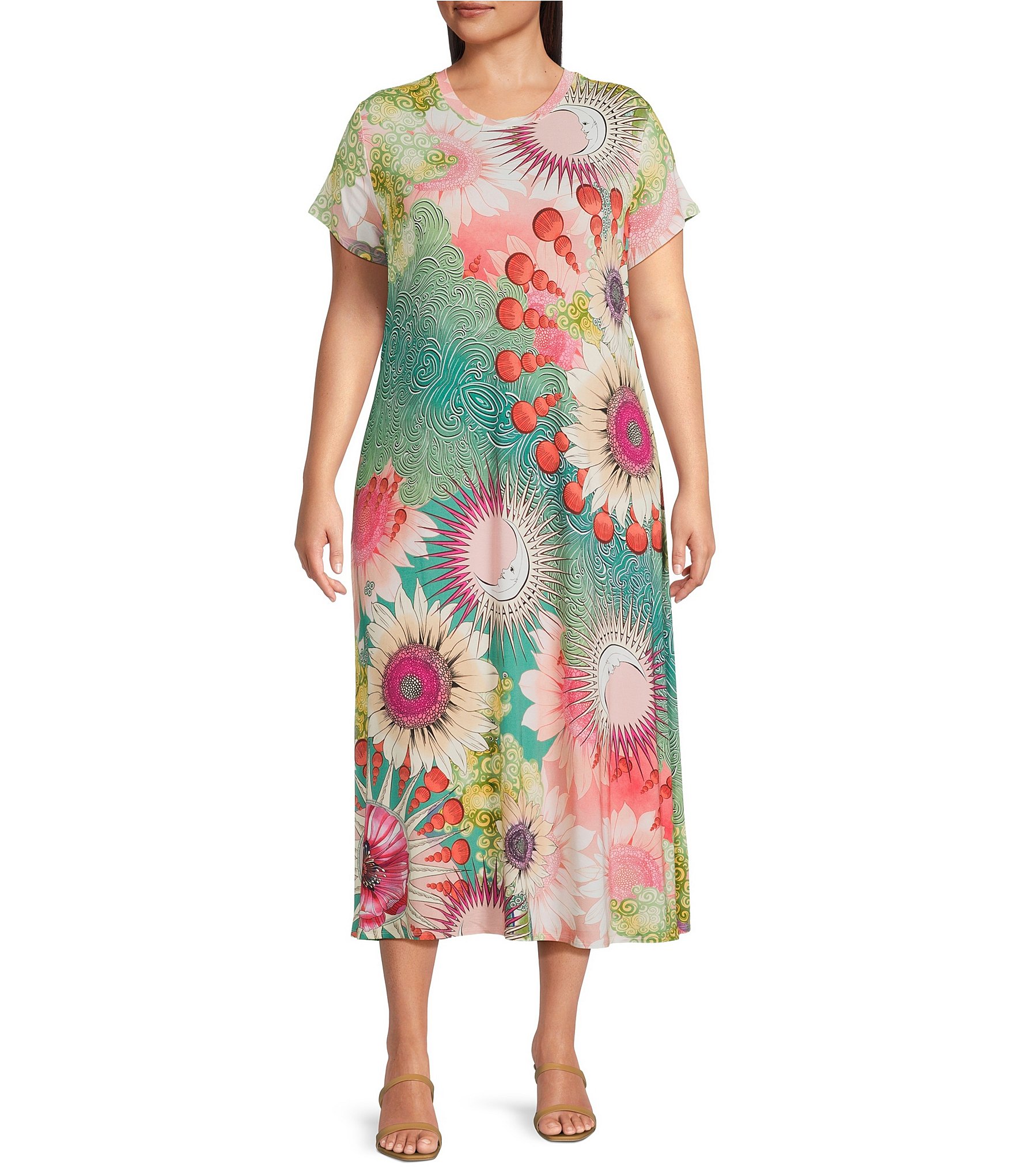 JOHNNY WAS Plus Size The Janie Favorite Emily Abstract Floral Print Knit Jersey Crew Neck Cap Sleeve Midi Dress