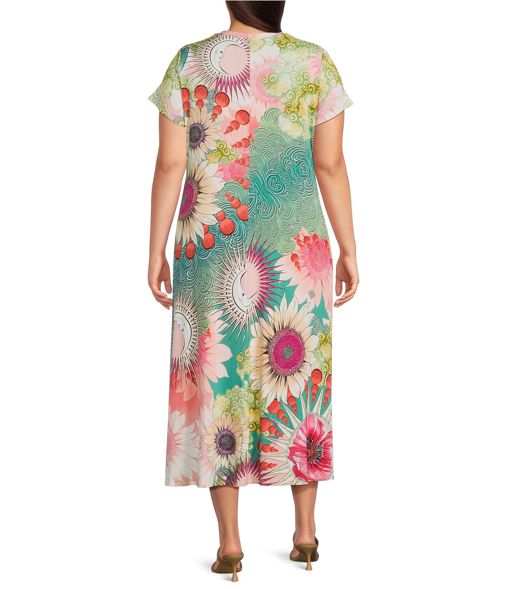 JOHNNY WAS Plus Size The Janie Favorite Emily Abstract Floral Print Knit Jersey Crew Neck Cap Sleeve Midi Dress