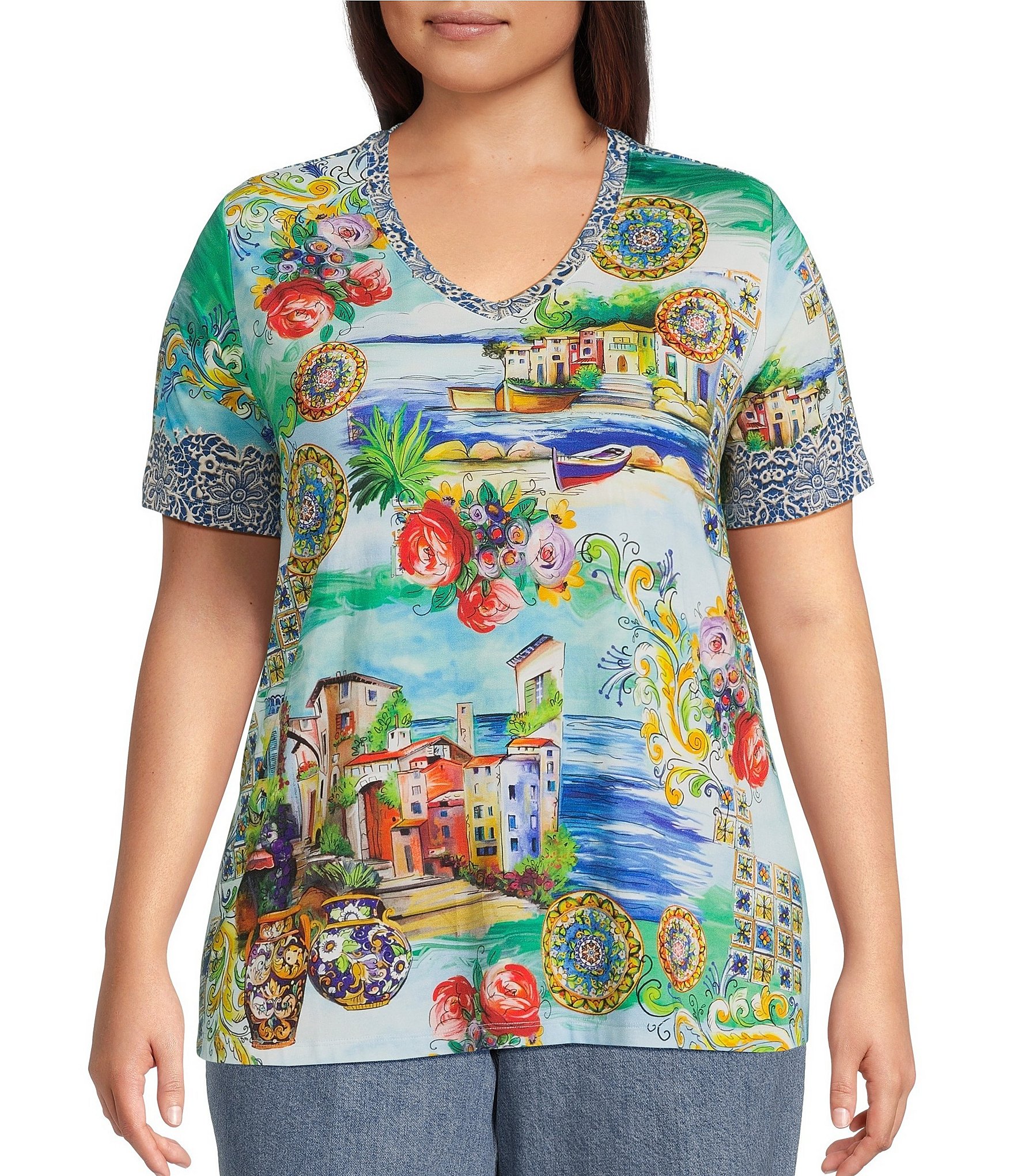 JOHNNY WAS Plus The Janie Favorite Scenic Print Knit V-Neck Short Sleeve Tee