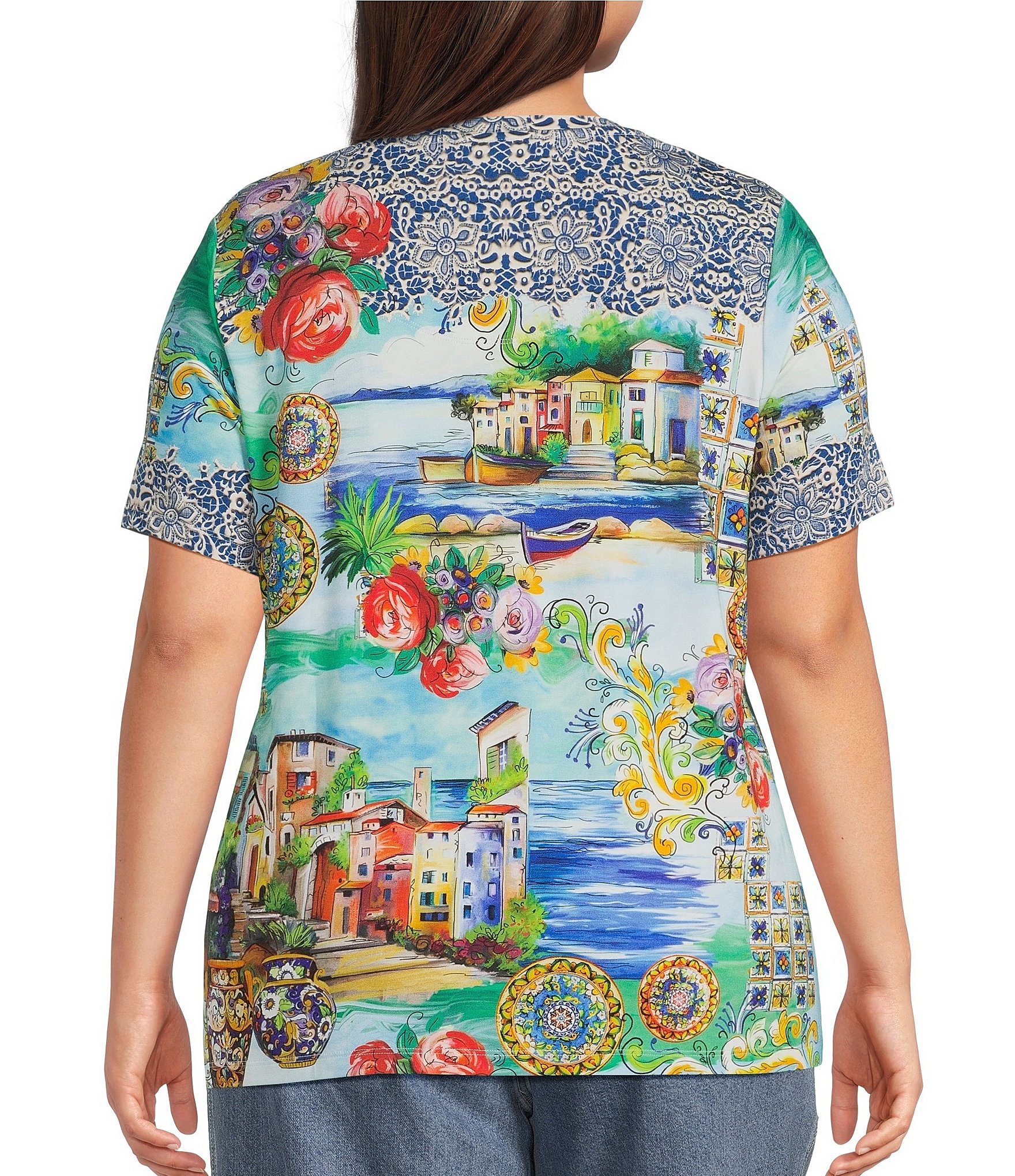 JOHNNY WAS Plus The Janie Favorite Scenic Print Knit V-Neck Short Sleeve Tee