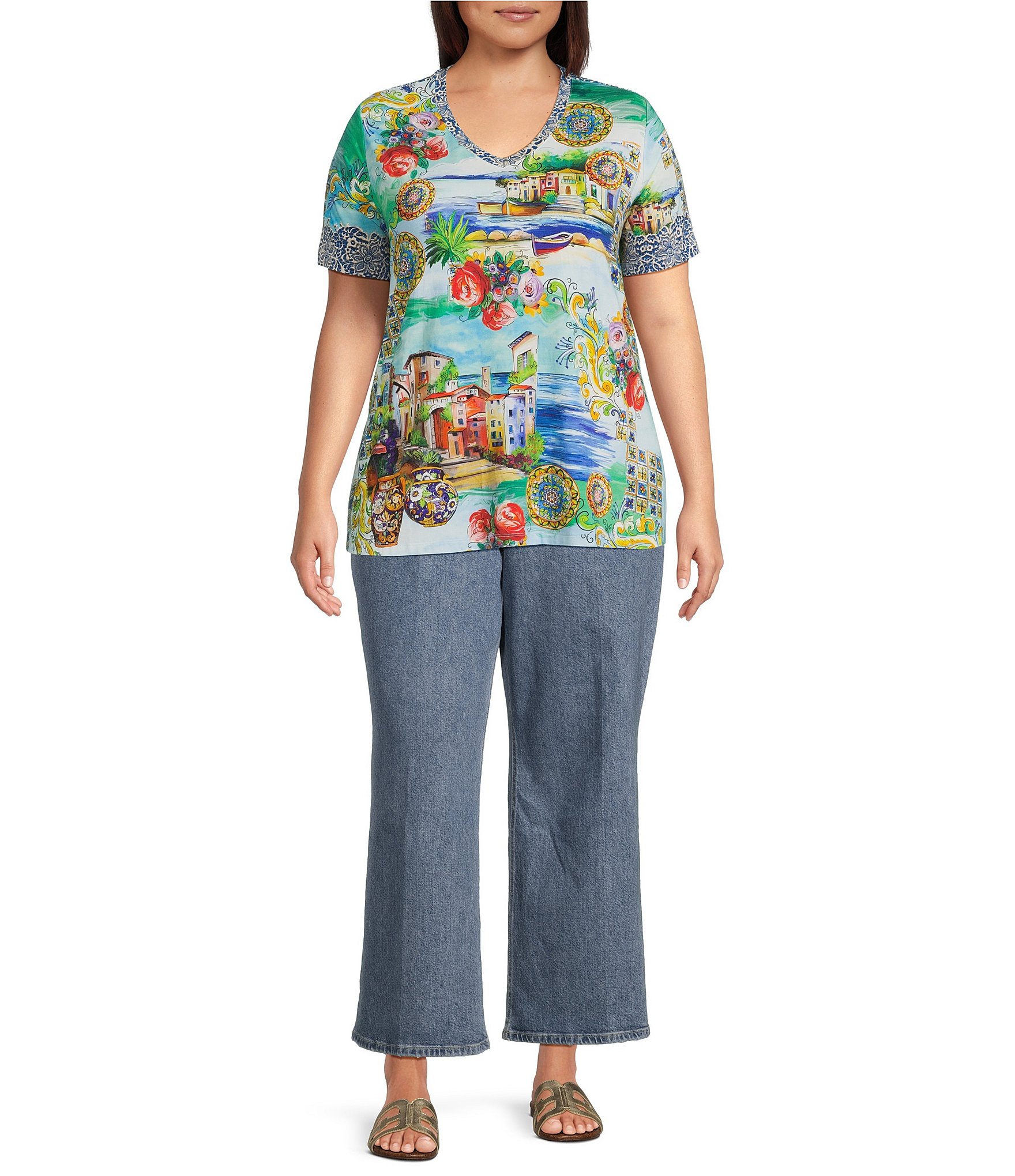 JOHNNY WAS Plus The Janie Favorite Scenic Print Knit V-Neck Short Sleeve Tee