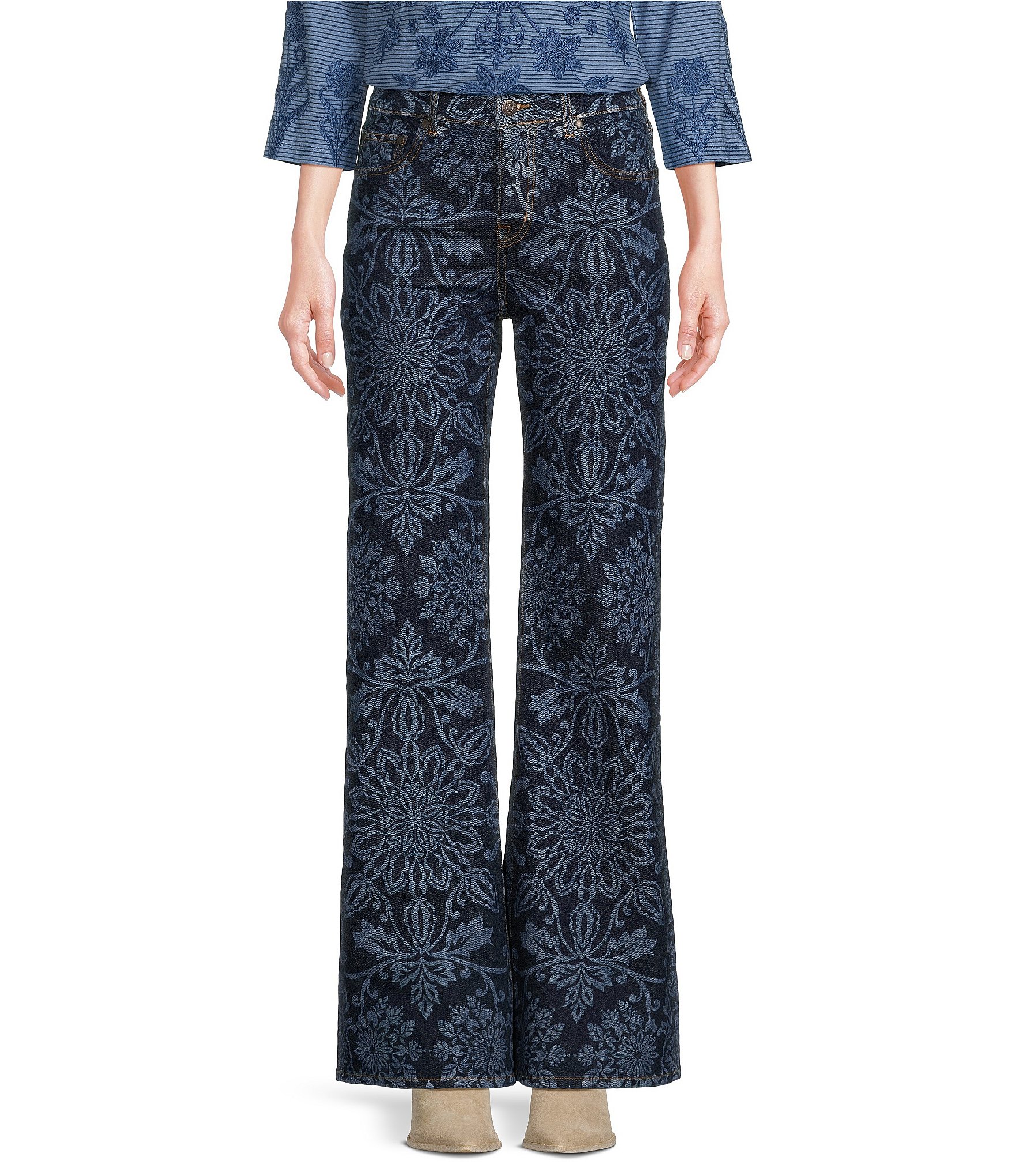 JOHNNY WAS Printed Straight Flare Leg Stretch Denim Jeans