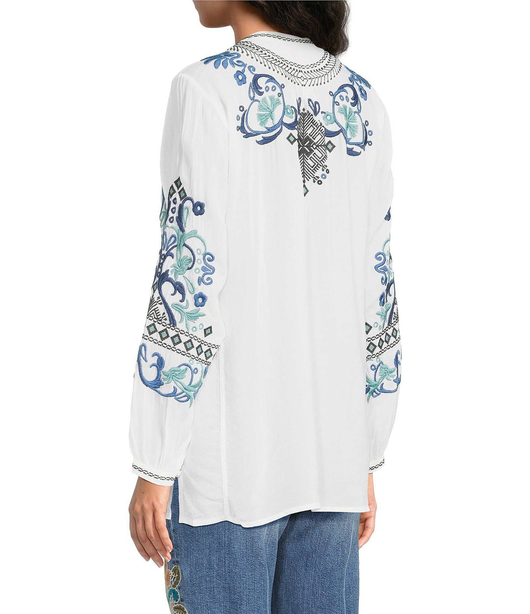 JOHNNY WAS Romilly Embroidered Scrolling Pattern Band Collar Button Half-Placket Long Sleeve Tunic