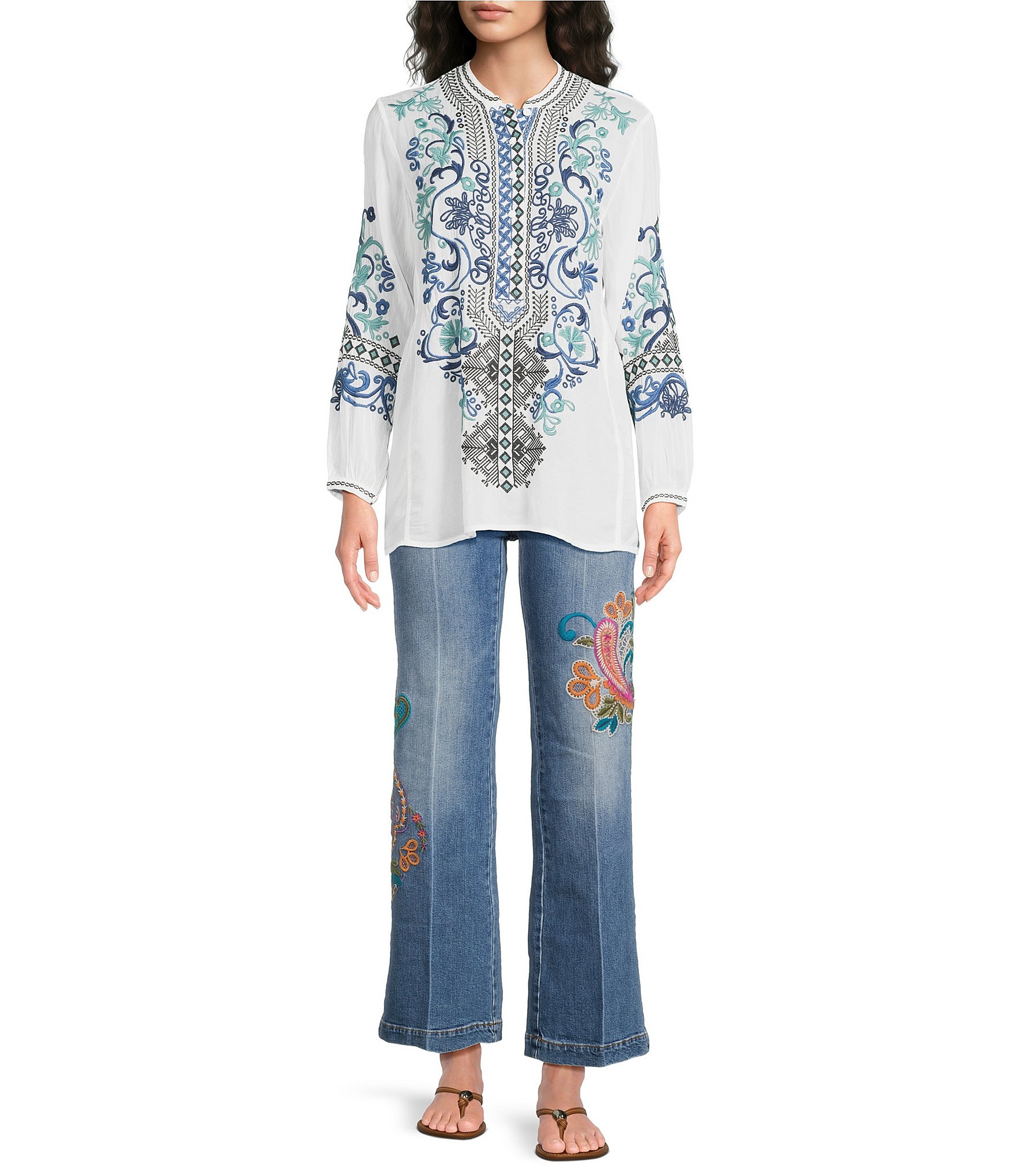 JOHNNY WAS Romilly Embroidered Scrolling Pattern Band Collar Button Half-Placket Long Sleeve Tunic