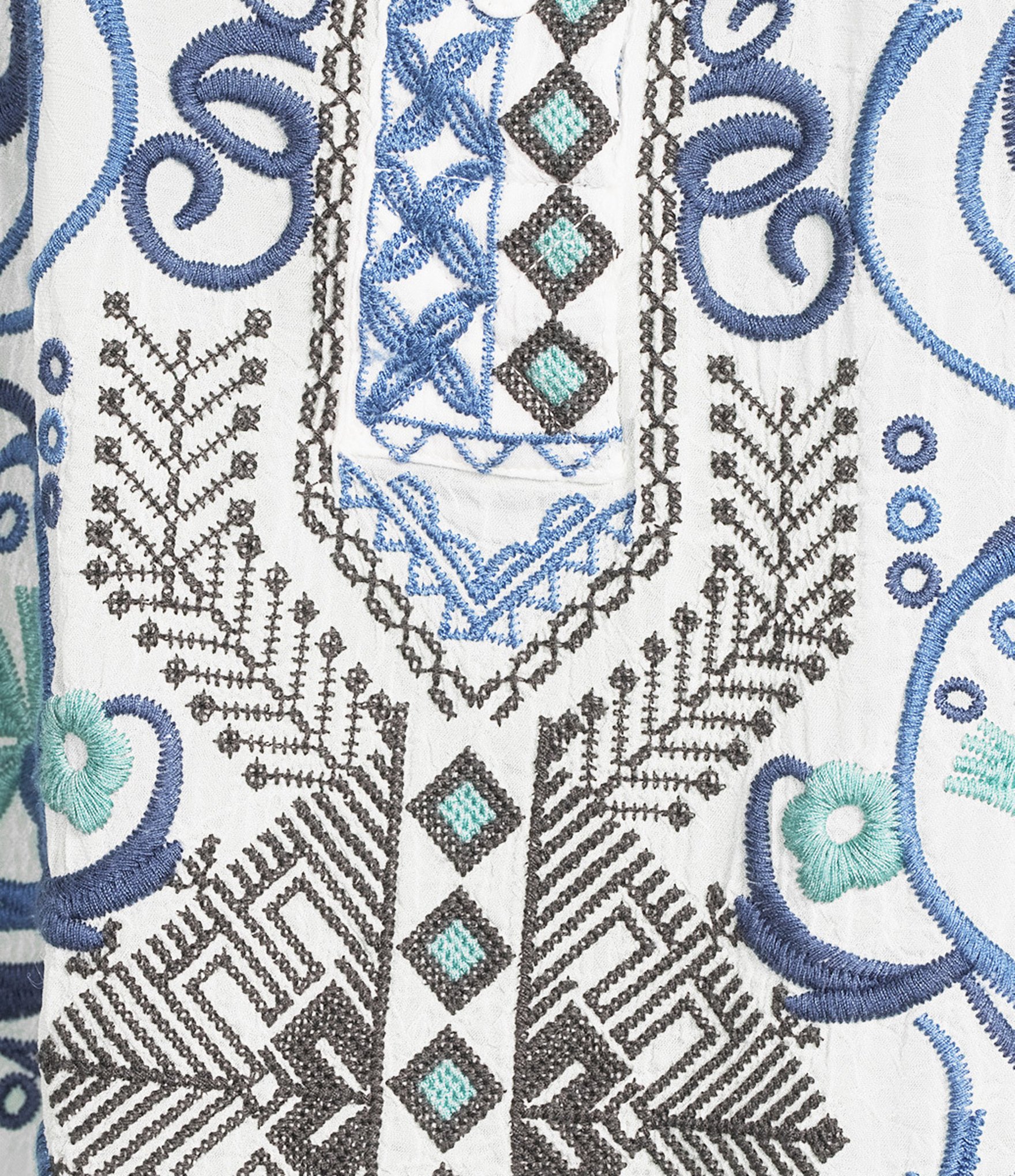 JOHNNY WAS Romilly Embroidered Scrolling Pattern Band Collar Button Half-Placket Long Sleeve Tunic