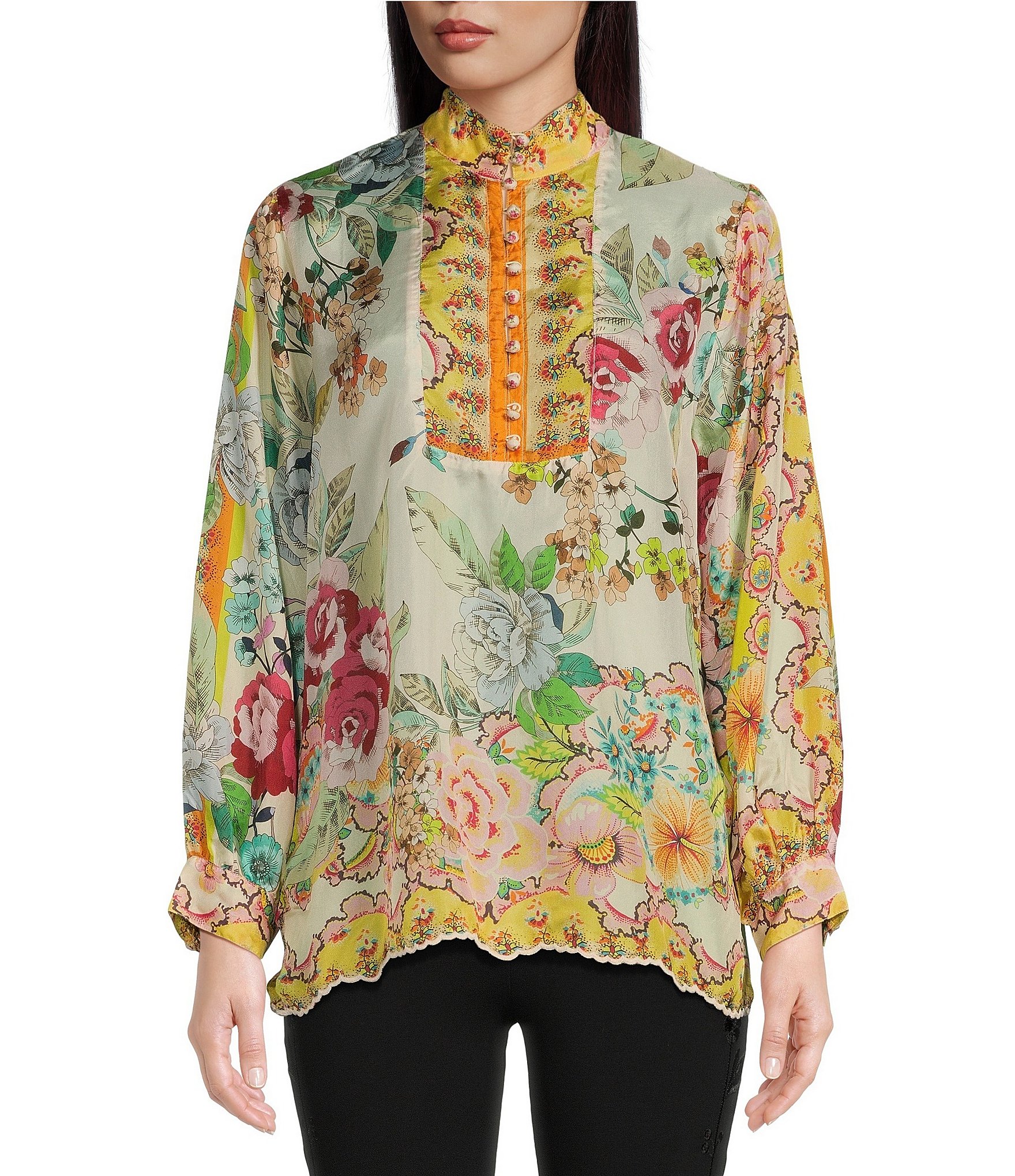 JOHNNY WAS Rossy Abby Ornate Floral Print Silk Banded Collar Long ...