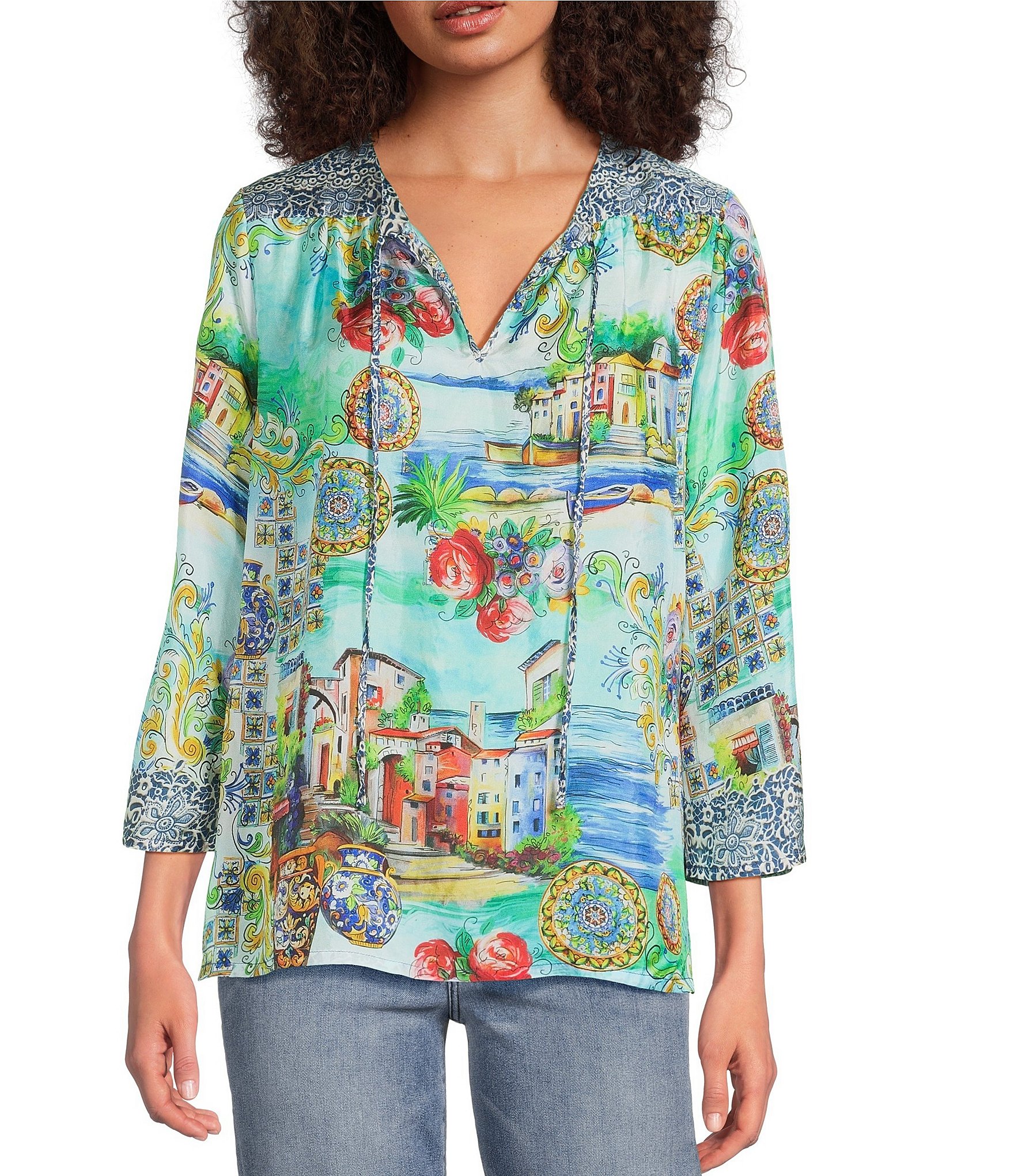 JOHNNY WAS Scenic Print Silk Split V-Neck 3/4 Sleeve Flowy Blouse