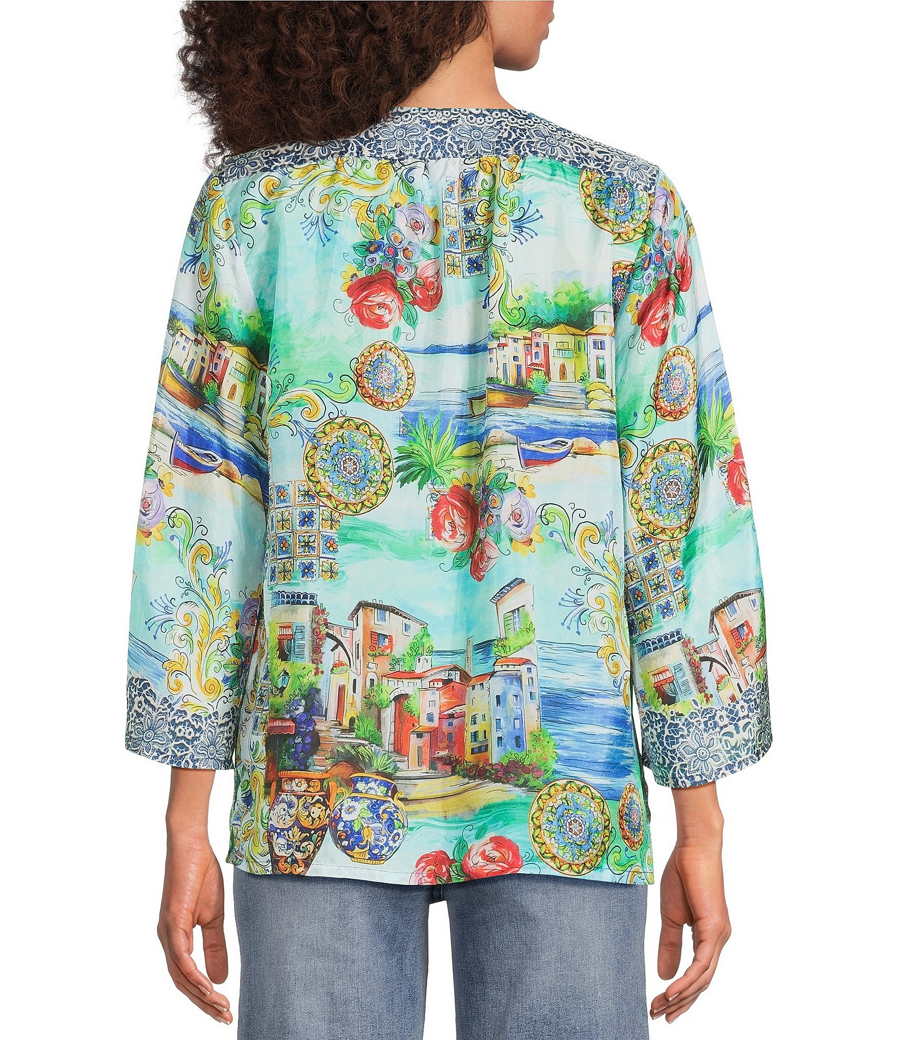 JOHNNY WAS Scenic Print Silk Split V-Neck 3/4 Sleeve Flowy Blouse