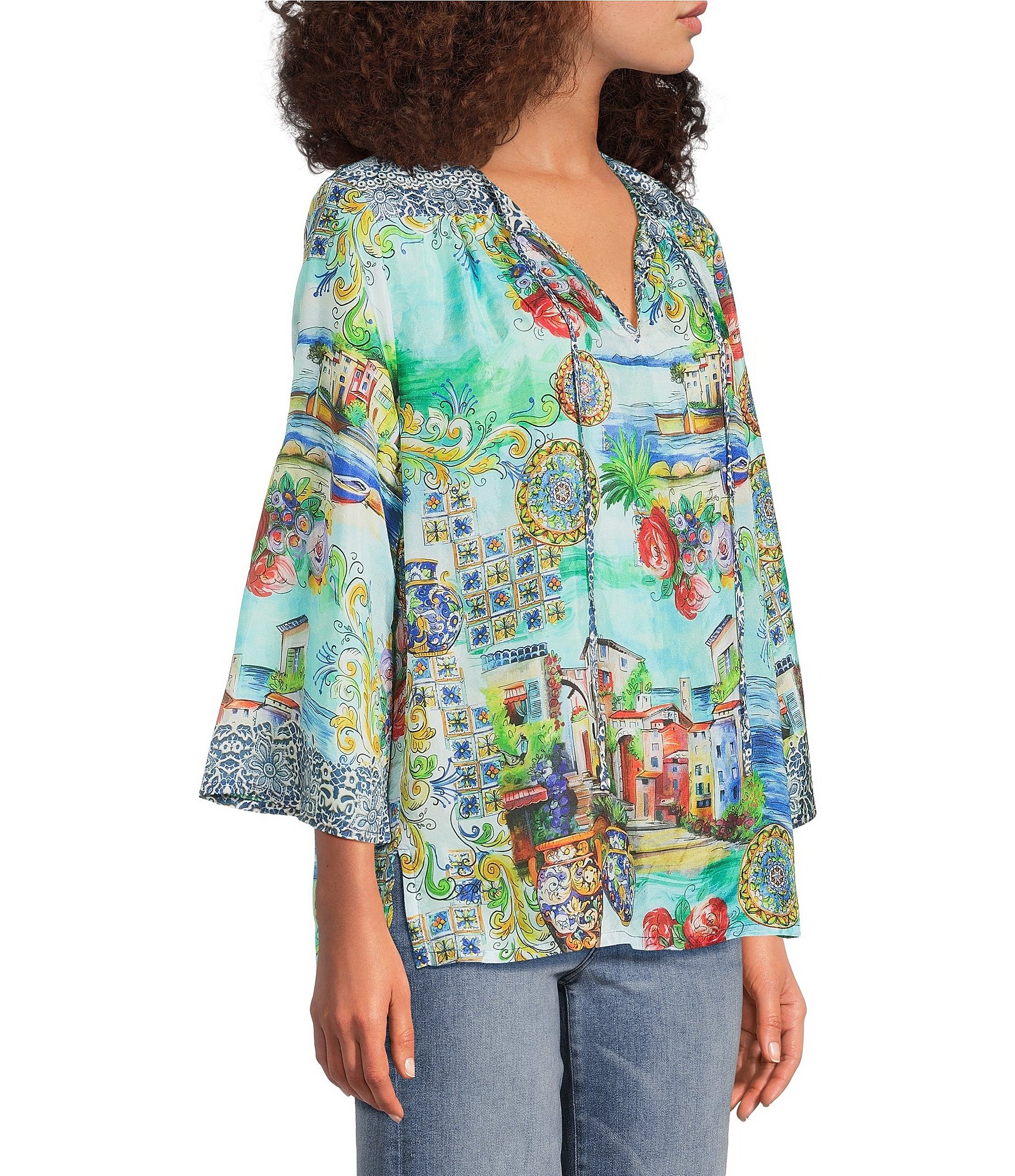 JOHNNY WAS Scenic Print Silk Split V-Neck 3/4 Sleeve Flowy Blouse