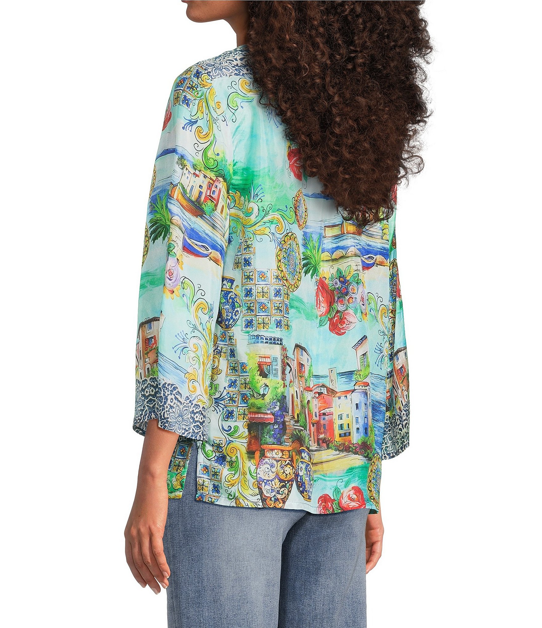JOHNNY WAS Scenic Print Silk Split V-Neck 3/4 Sleeve Flowy Blouse