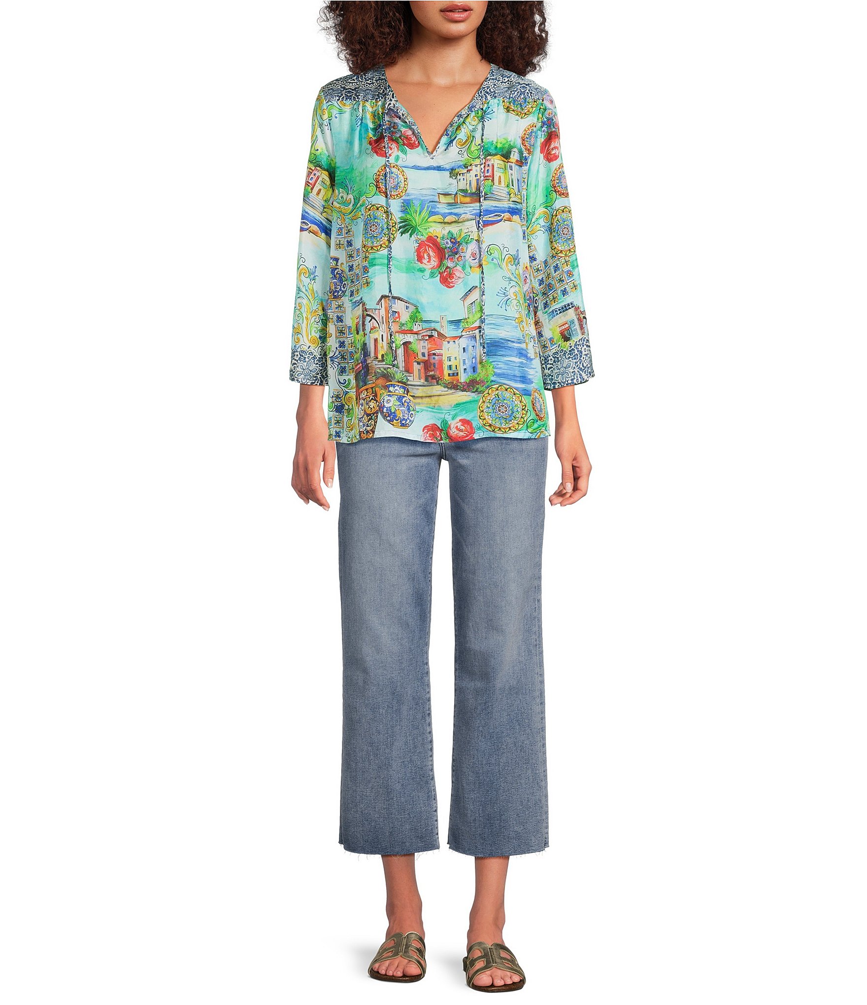 JOHNNY WAS Scenic Print Silk Split V-Neck 3/4 Sleeve Flowy Blouse