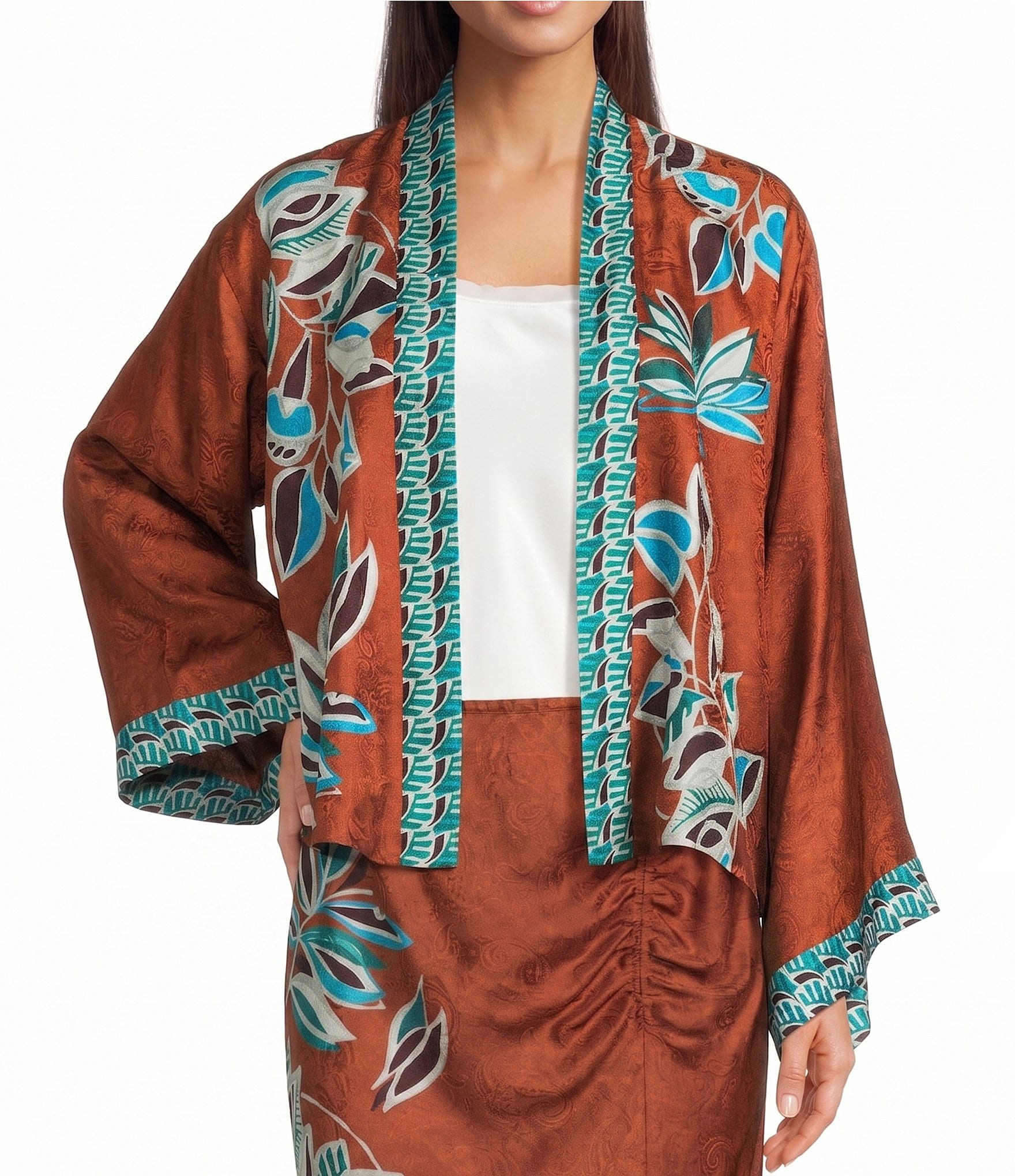 JOHNNY WAS Shakri Placement Floral and Contrasting Border Print Open-Front Long Sleeve Coordinating Short Kimono Jacket