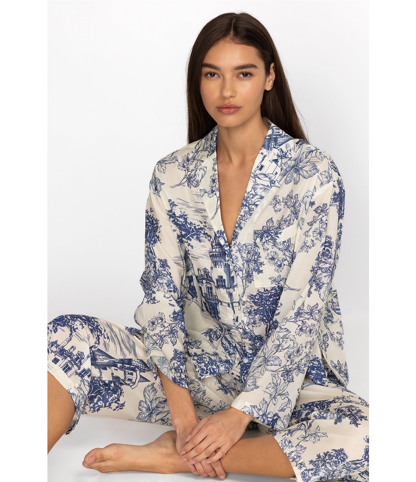 JOHNNY WAS The House on a Hill Long Sleeve Notch Collar Long Woven Printed Pajama Set