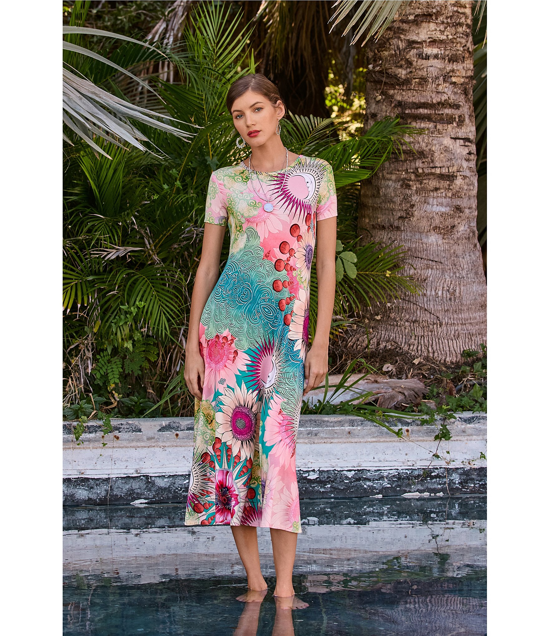 JOHNNY WAS The Janie Favorite Emily Abstract Floral Print Knit Jersey Crew Neck Cap Sleeve Midi Dress
