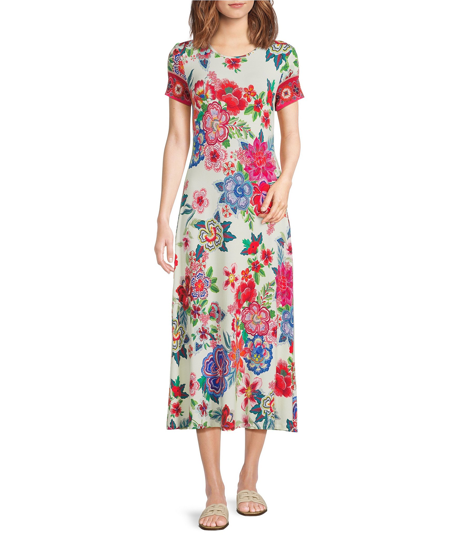 JOHNNY WAS The Janie Favorite Kallie Floral Scarf Print Knit Crew Neck Cap Sleeve Midi Dress
