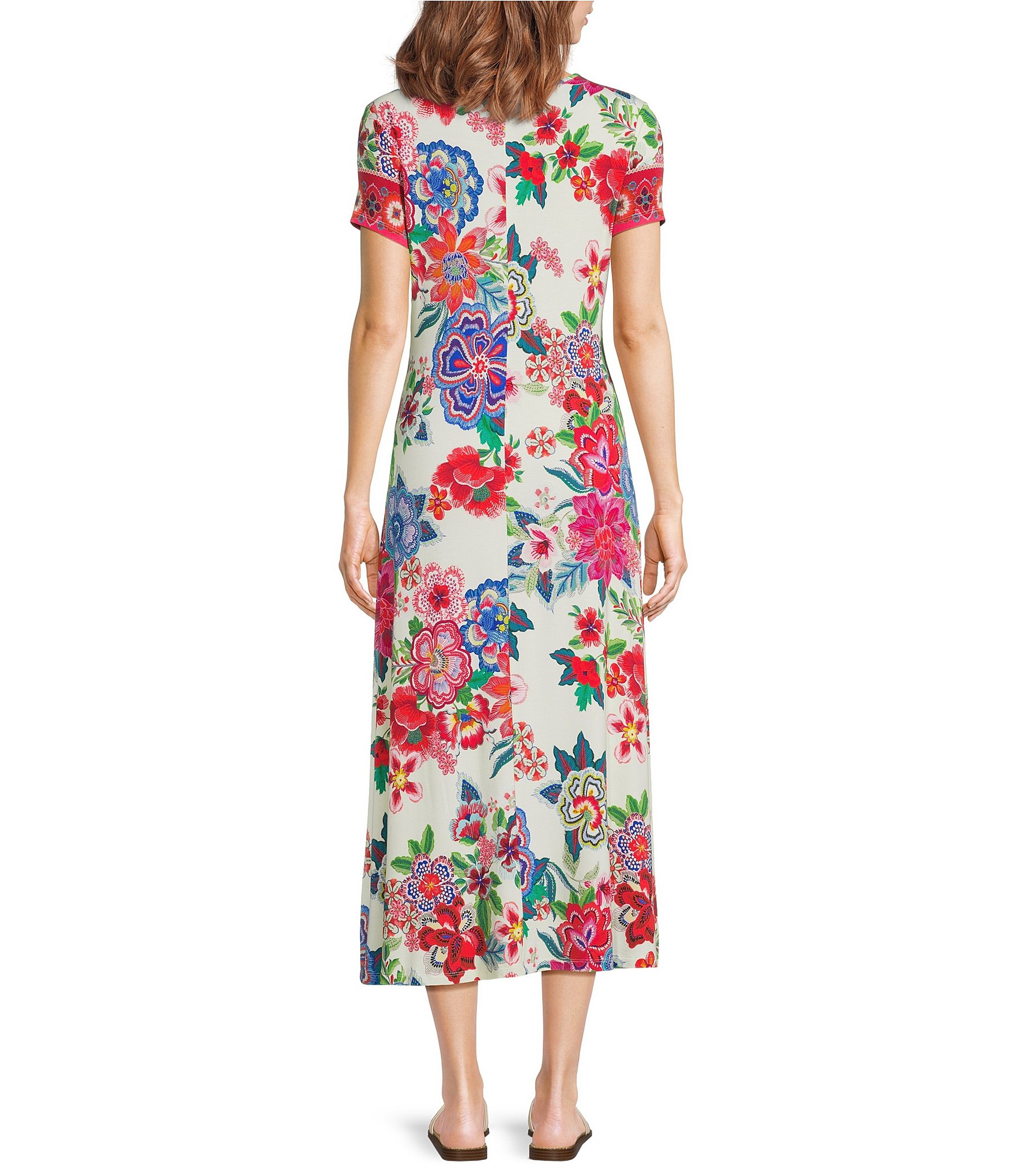 JOHNNY WAS The Janie Favorite Kallie Floral Scarf Print Knit Crew Neck Cap Sleeve Midi Dress