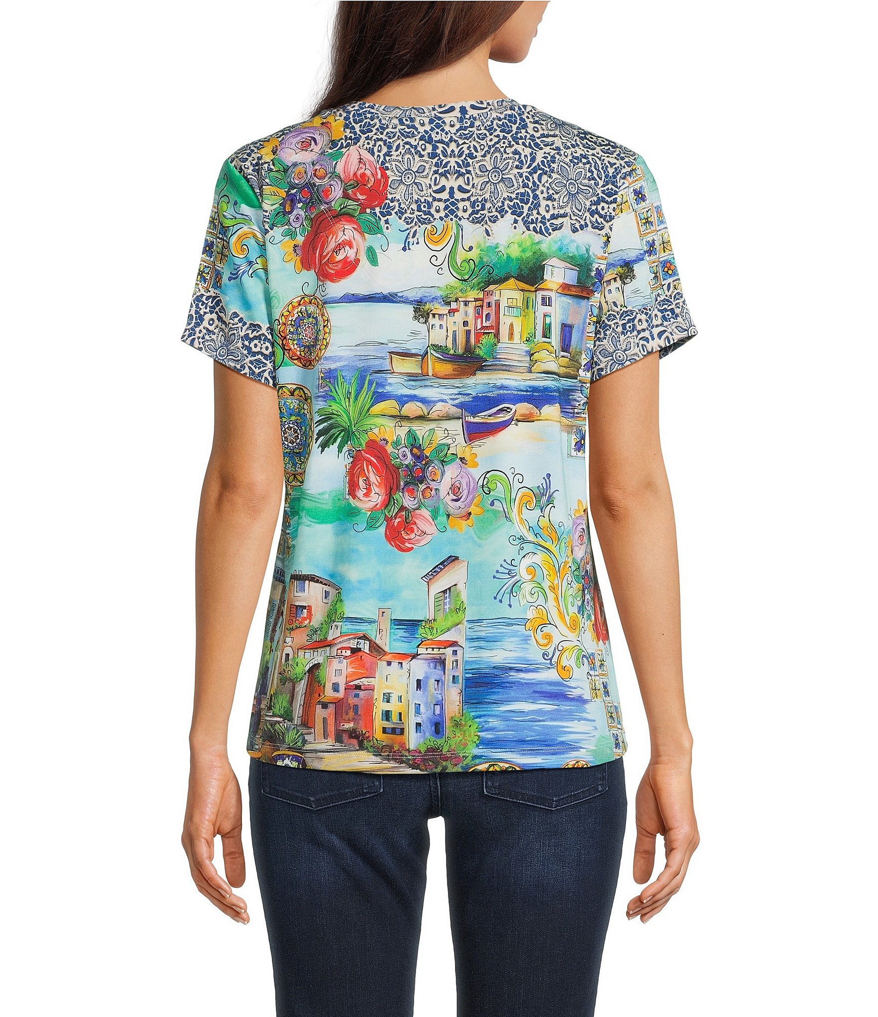 JOHNNY WAS The Janie Favorite Scenic Print Knit V-Neck Short Sleeve Tee