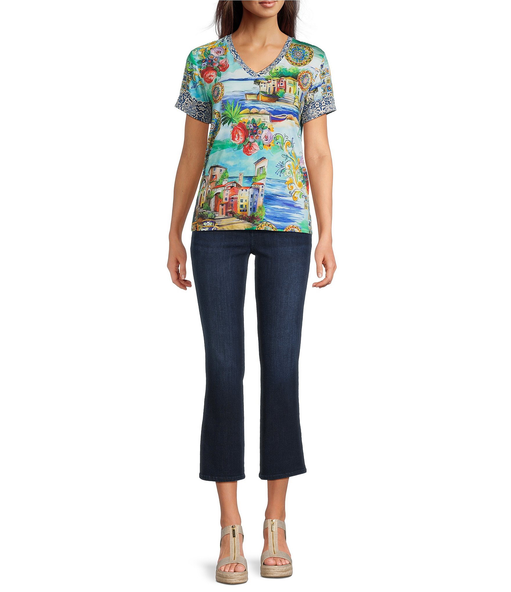 JOHNNY WAS The Janie Favorite Scenic Print Knit V-Neck Short Sleeve Tee