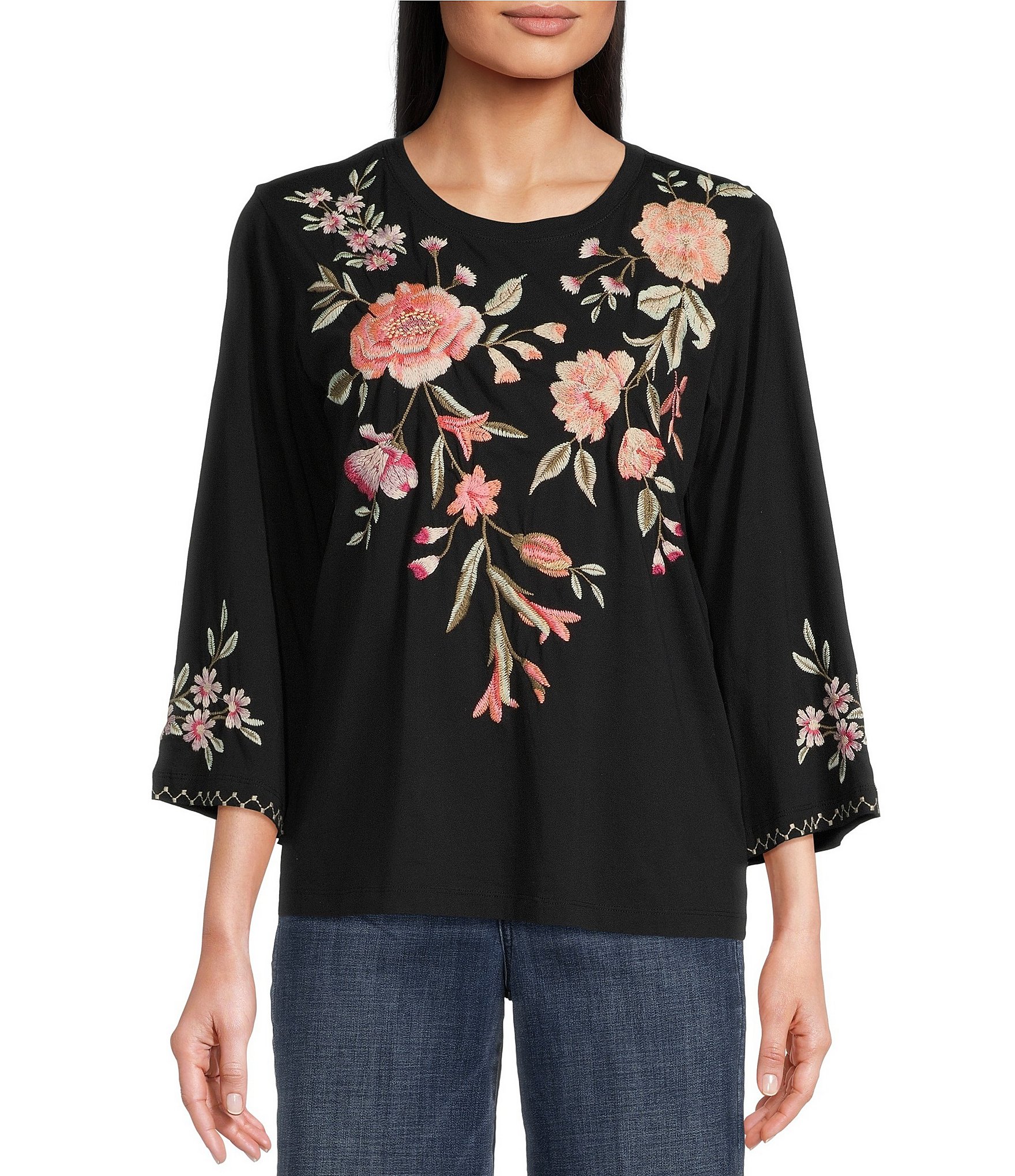 JOHNNY WAS Vienna Floral Embroidery Motif Long Kimono Sleeve Tee