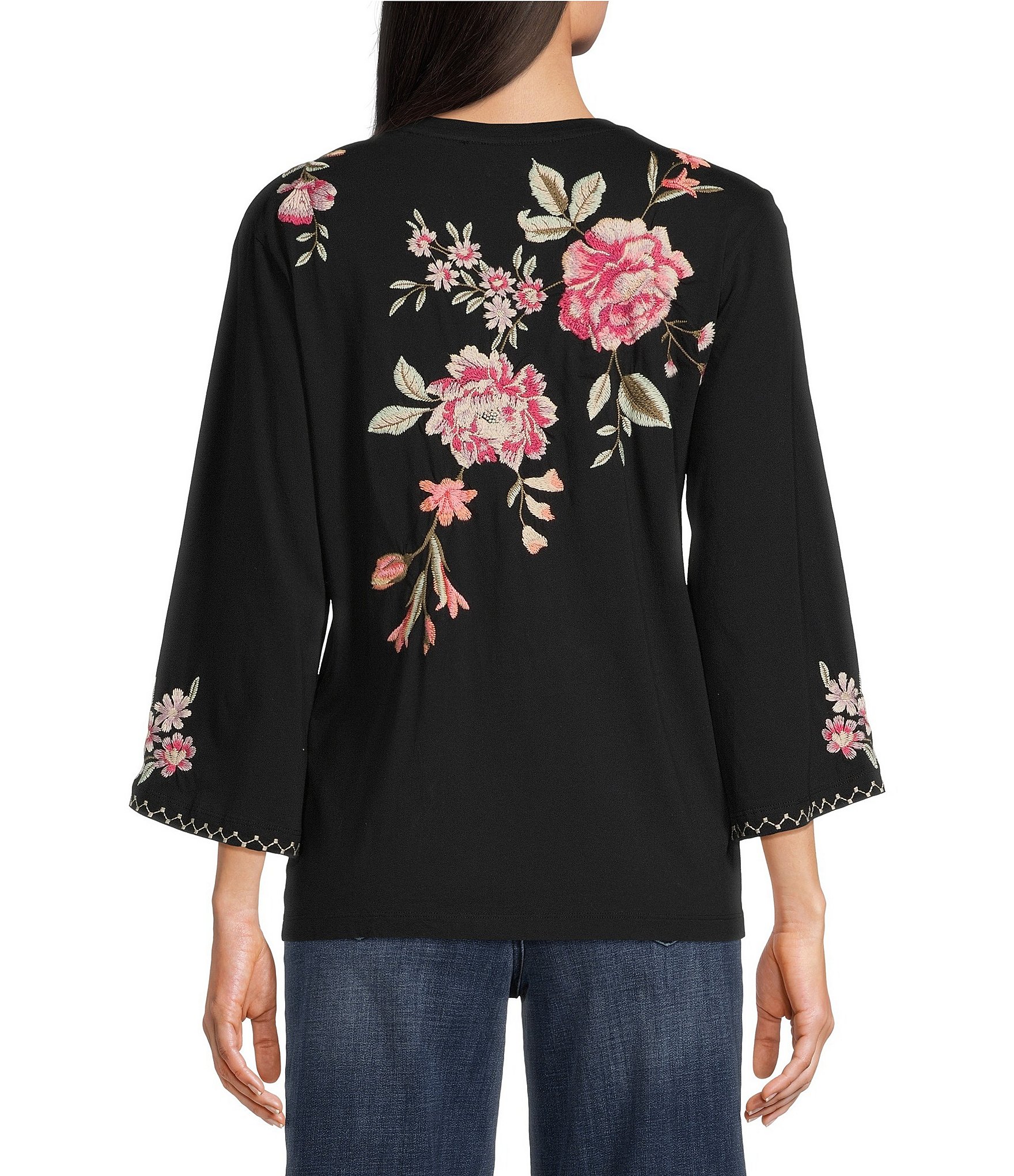 JOHNNY WAS Vienna Floral Embroidery Motif Long Kimono Sleeve Tee