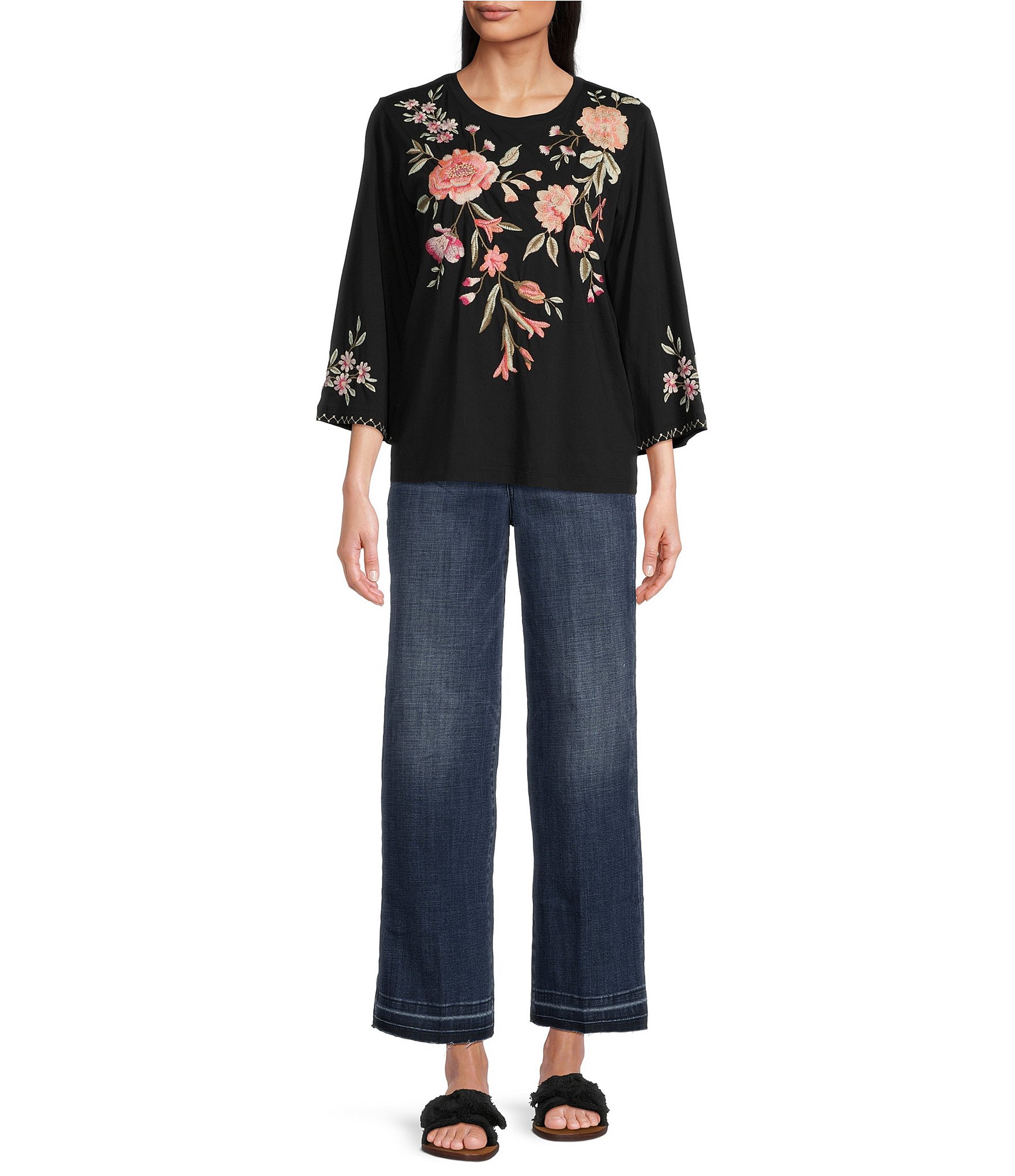 JOHNNY WAS Vienna Floral Embroidery Motif Long Kimono Sleeve Tee