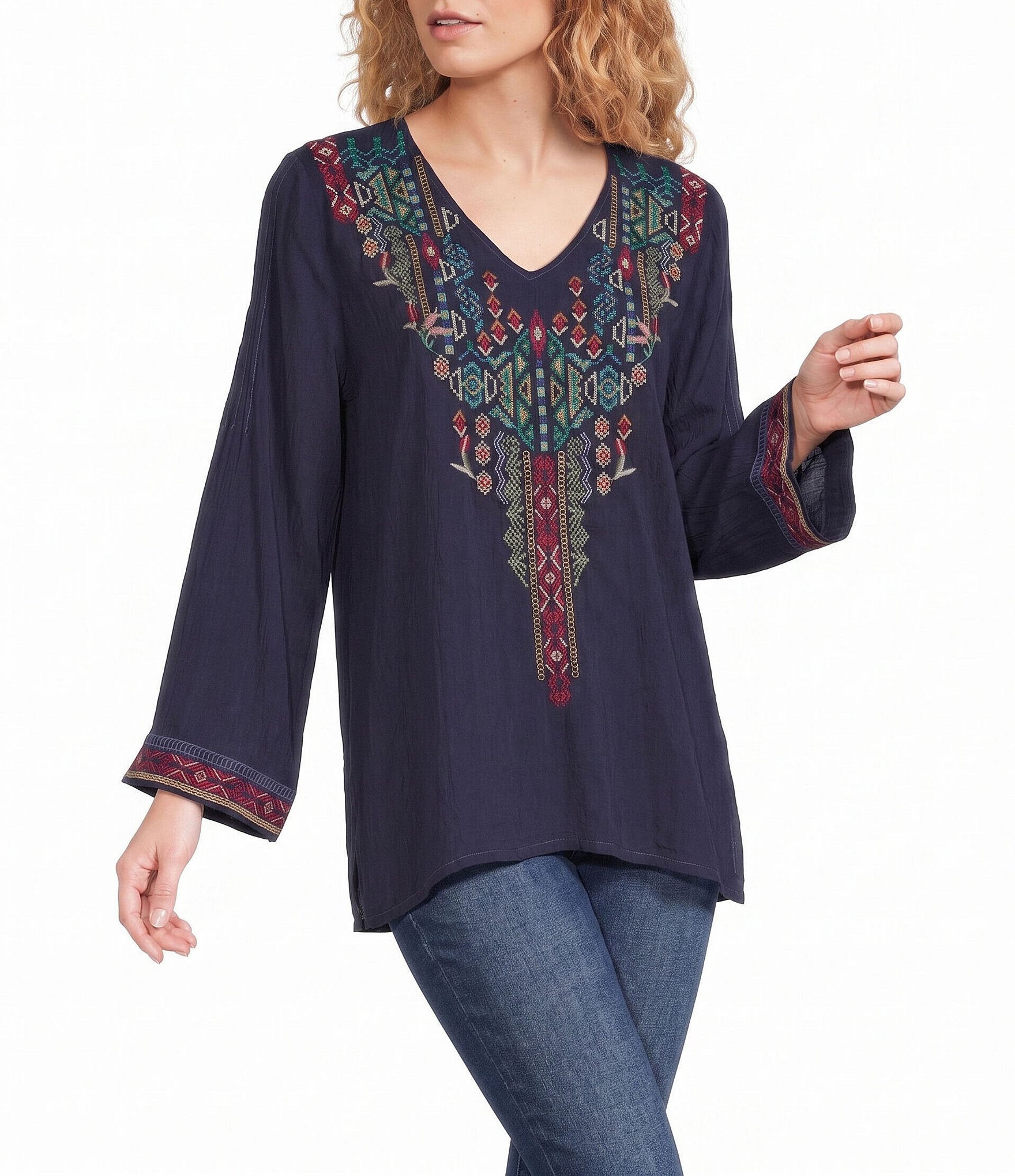 JOHNNY WAS Winkle Embroidered V-Neck 3/4 Sleeve Relaxed Fit Blouse