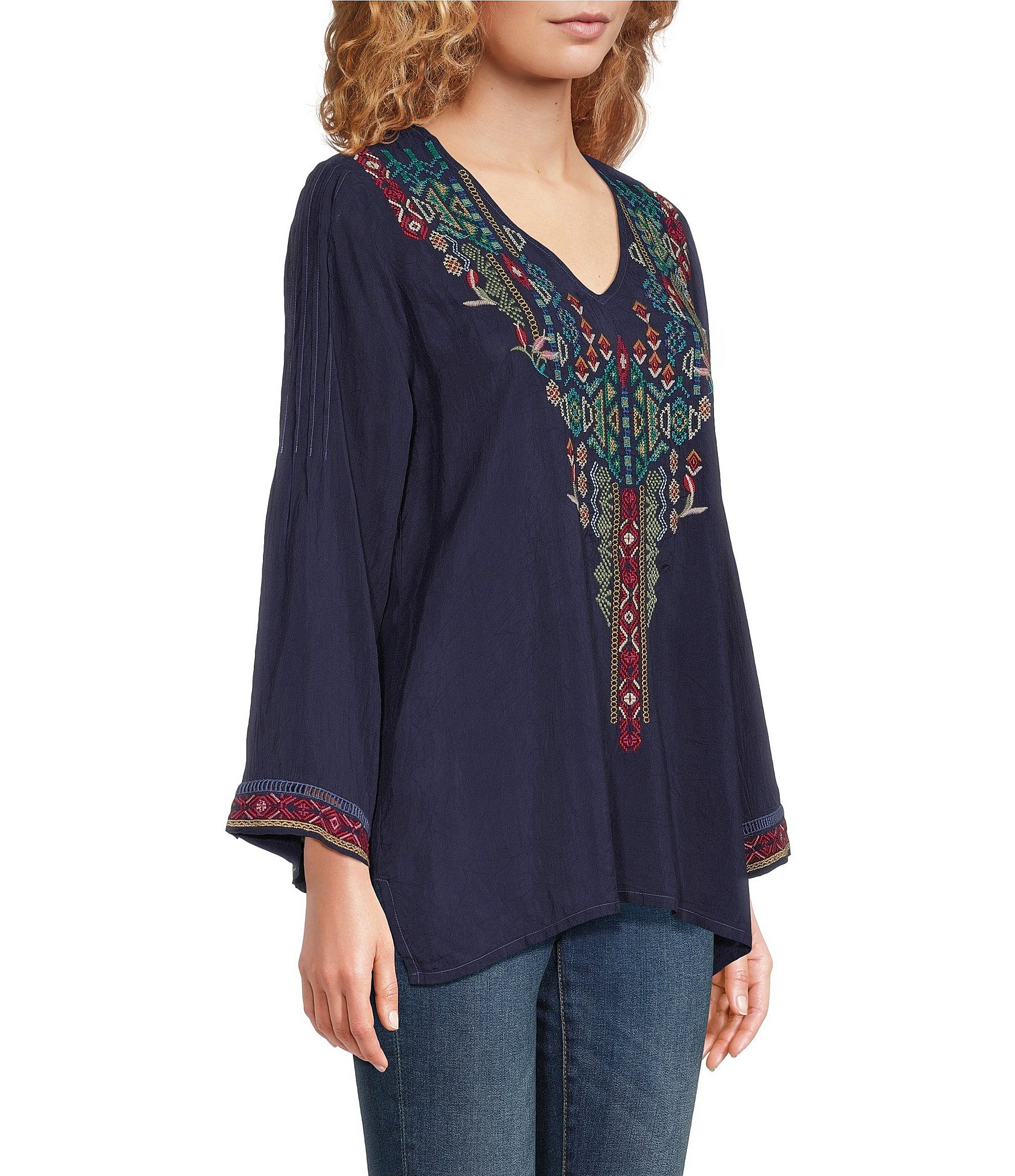JOHNNY WAS Winkle Embroidered V-Neck 3/4 Sleeve Relaxed Fit Blouse