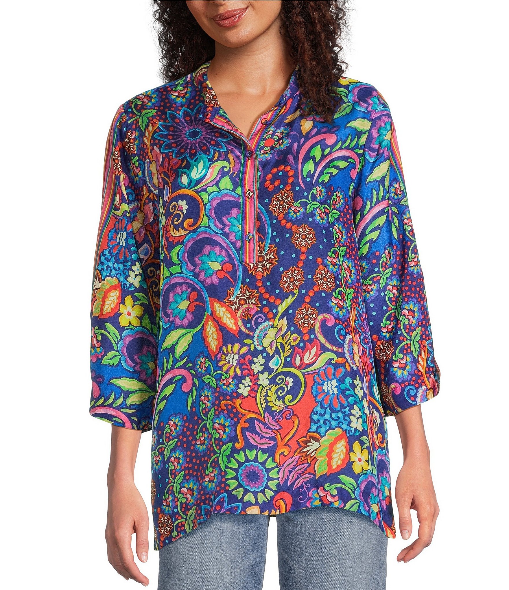 JOHNNY WAS Yuri Mod Floral Print Silk Banded Collar 3/4 Sleeve Five-Button Half-Placket Tunic