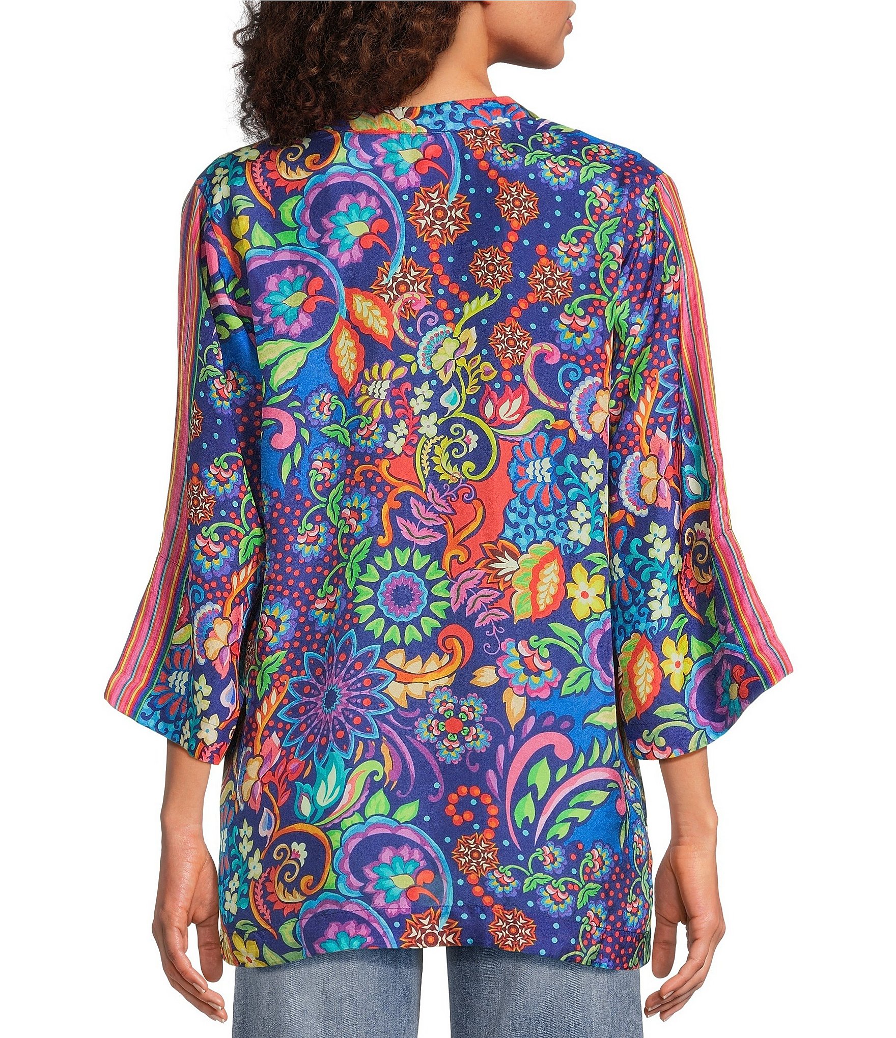 JOHNNY WAS Yuri Mod Floral Print Silk Banded Collar 3/4 Sleeve Five-Button Half-Placket Tunic