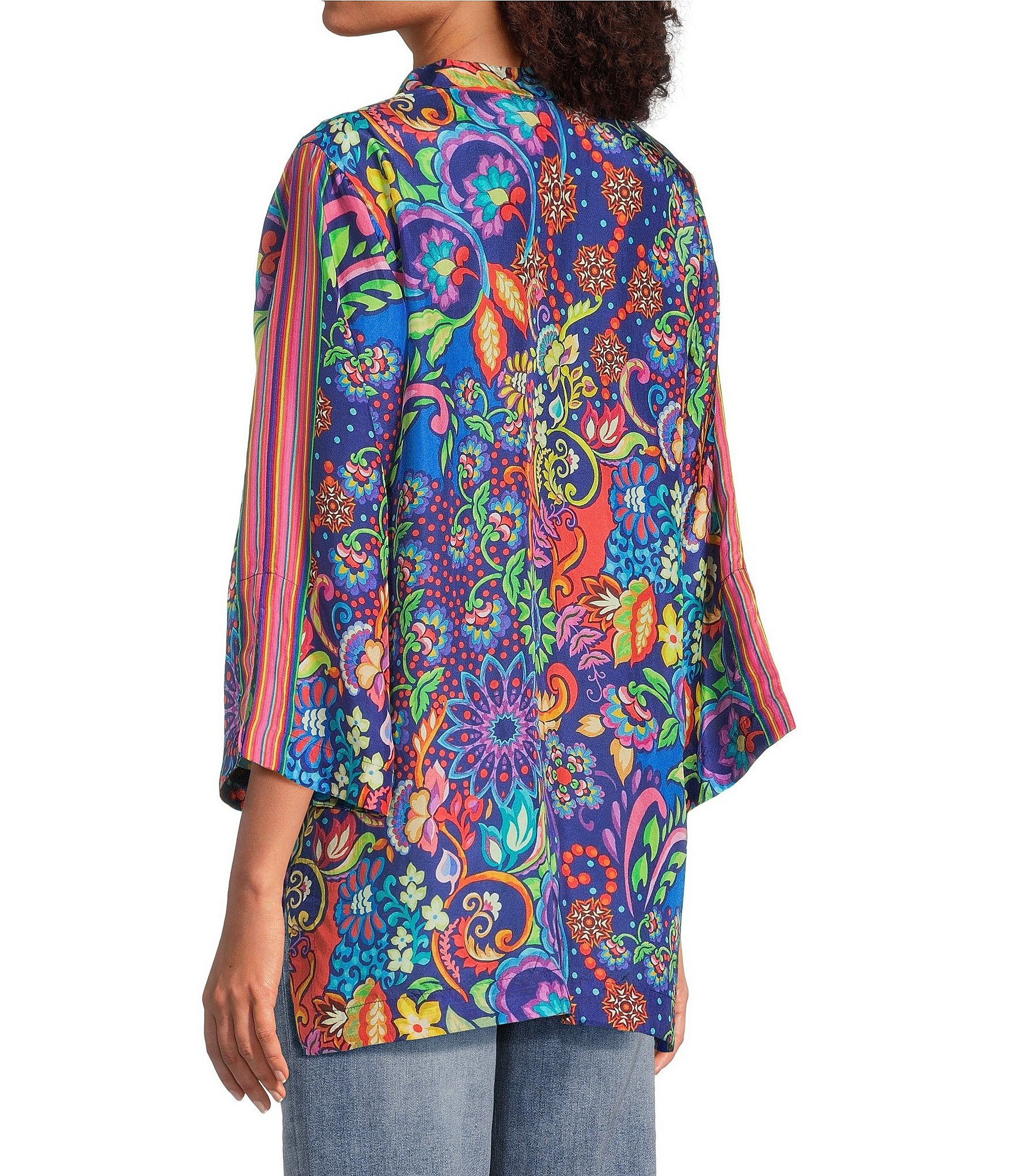 JOHNNY WAS Yuri Mod Floral Print Silk Banded Collar 3/4 Sleeve Five-Button Half-Placket Tunic