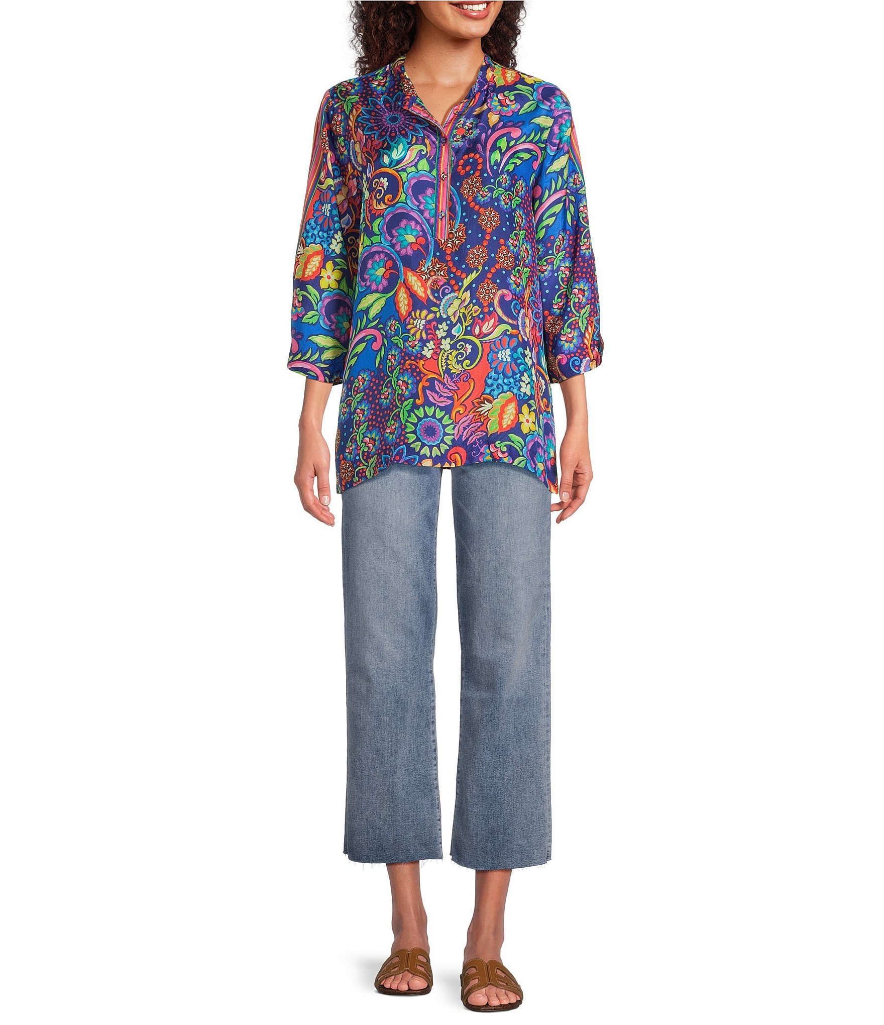 JOHNNY WAS Yuri Mod Floral Print Silk Banded Collar 3/4 Sleeve Five-Button Half-Placket Tunic