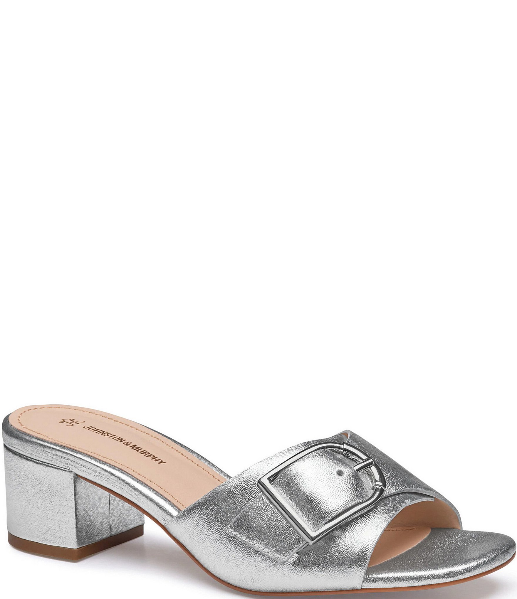 Johnston & Murphy Women's Edith Buckle Metallic Leather Block Heel Slide Sandals