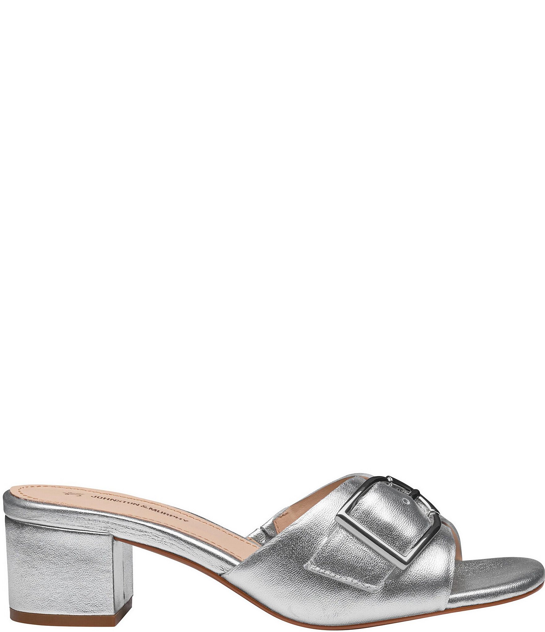 Johnston & Murphy Women's Edith Buckle Metallic Leather Block Heel Slide Sandals